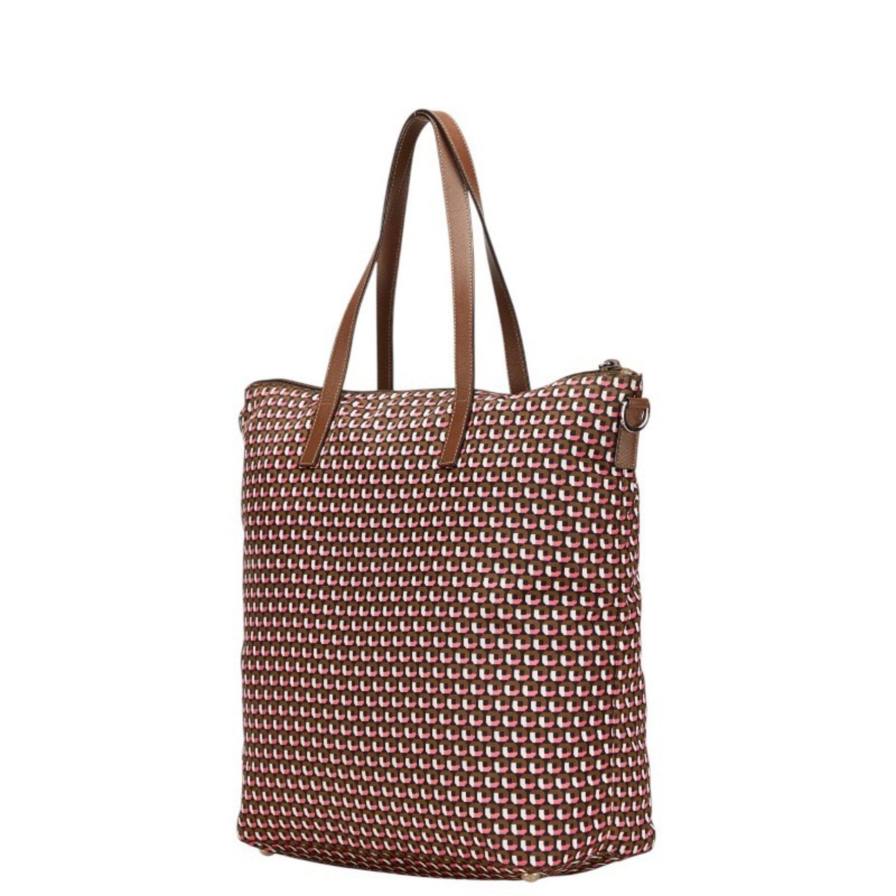 Prada Triangle Logo Plate Tote Bag/Shoulder Bag Brown/Pink Nylon/Leather