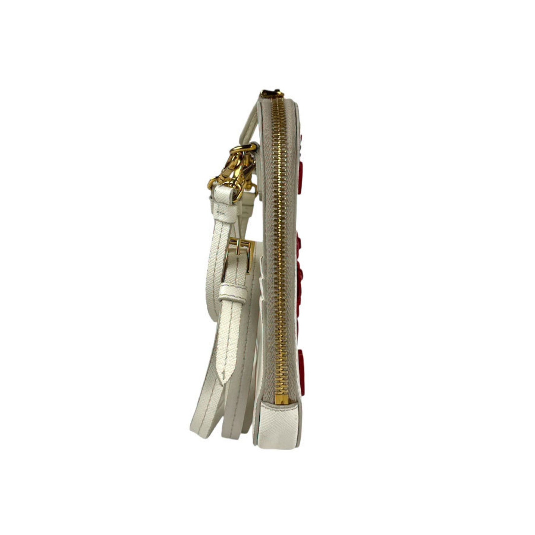 PRADA Shoulder Bag Phone Holder Pouch Leather Off-White Red Gold Women's