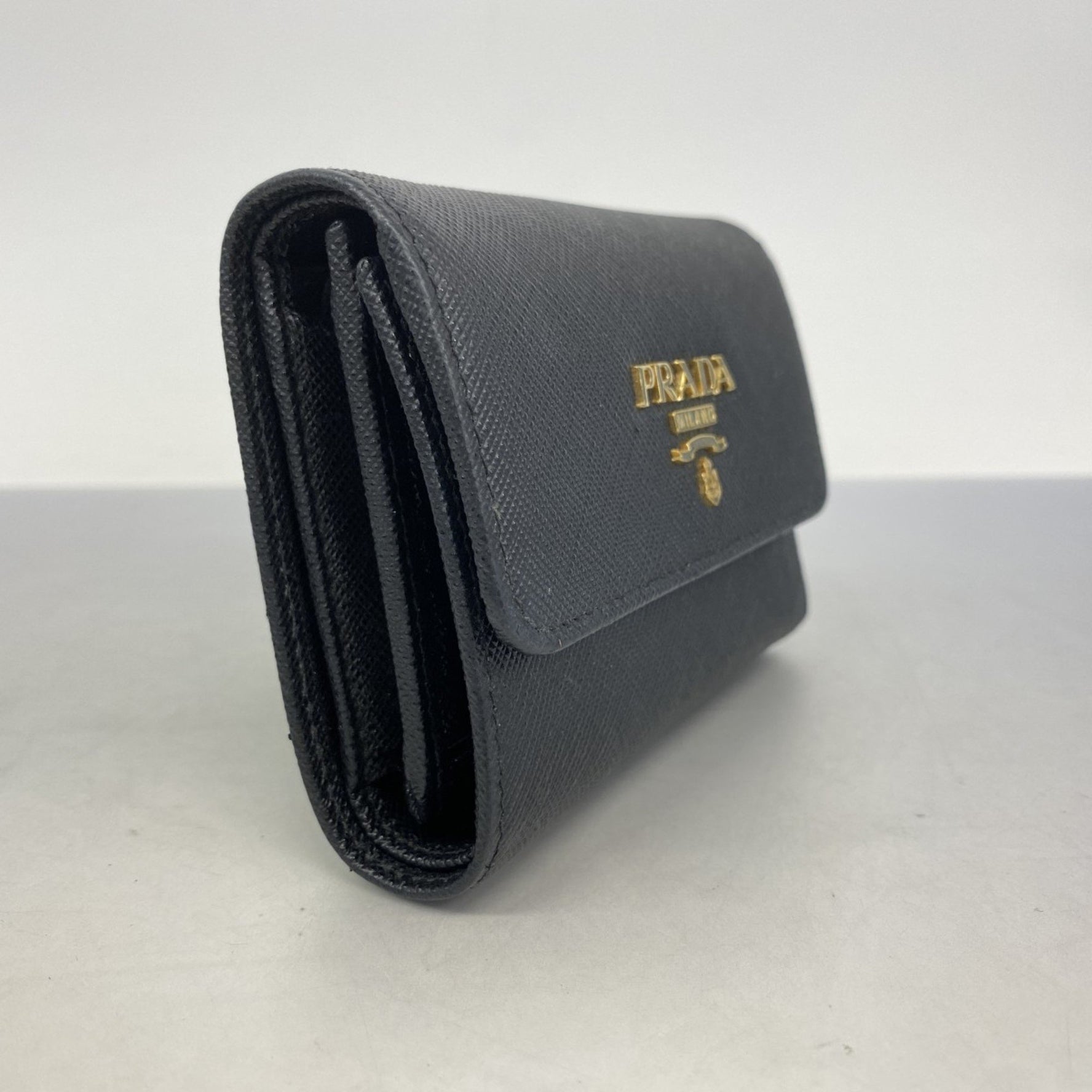 Prada Saffiano Leather Tri-fold Wallet Black Women's