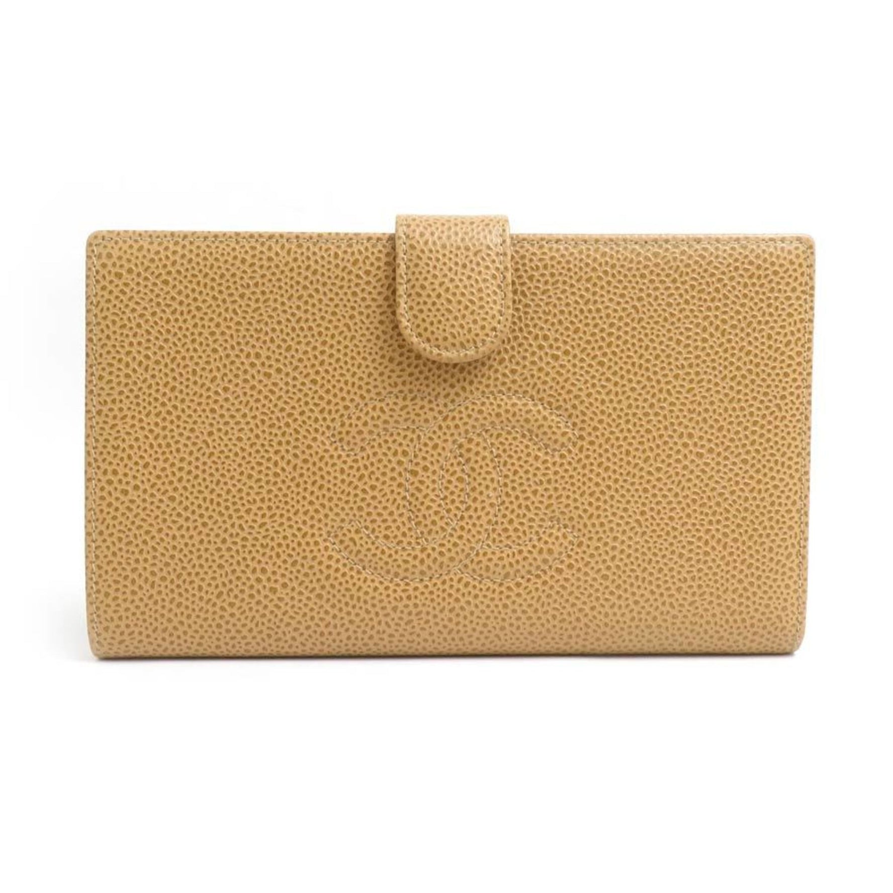CHANEL Bi-fold Wallet Coco Mark Caviar Skin Leather Beige Gold Women's w0906a