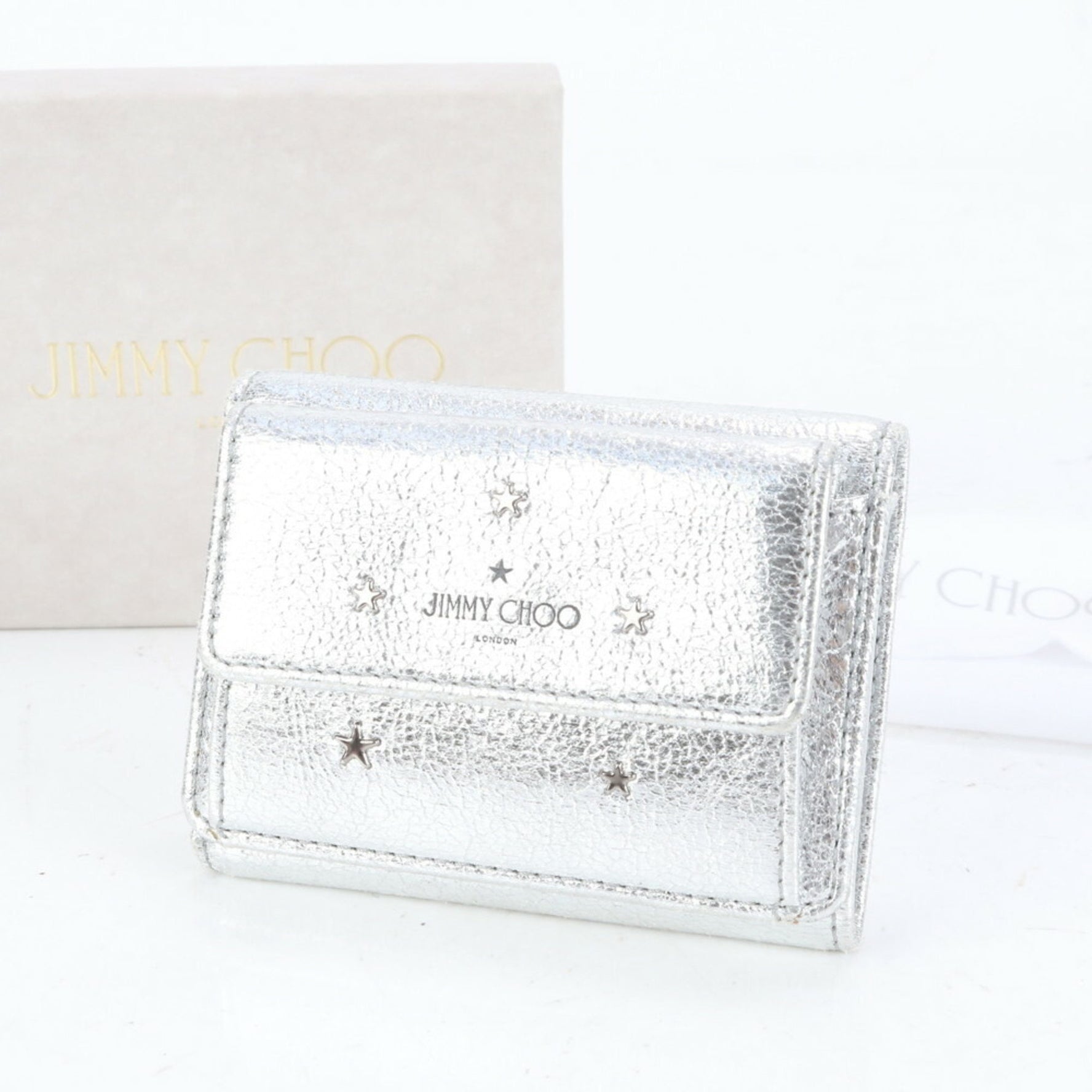 Jimmy Choo Nemo Star Stud Leather Tri-fold Wallet with Hologram Seal, Compact for Women