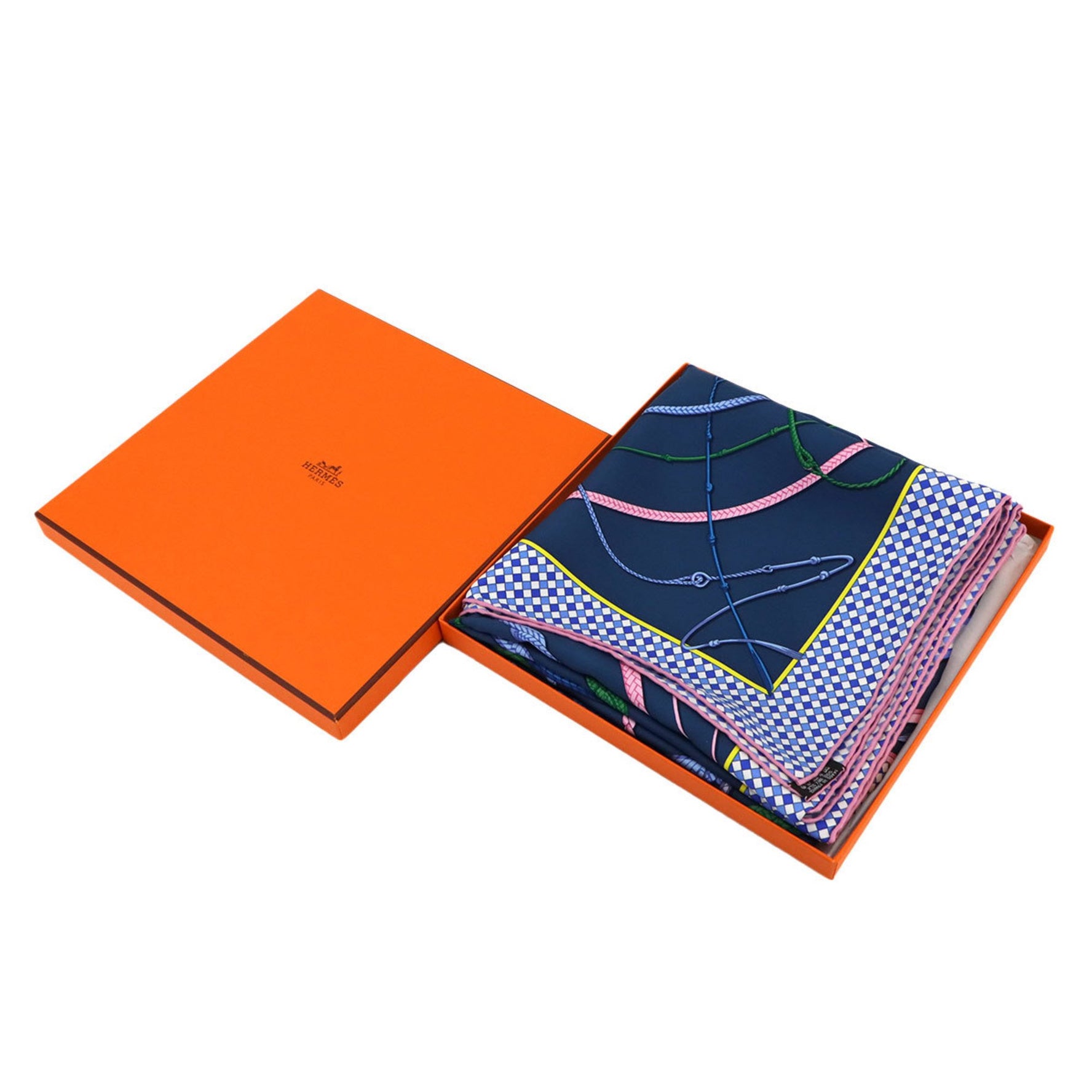 Hermes Hermès Carré 90 "Fouets et Badines" (Whip and Grip) Large Scarf, 100% Silk, Blue Petrol, Multicolor