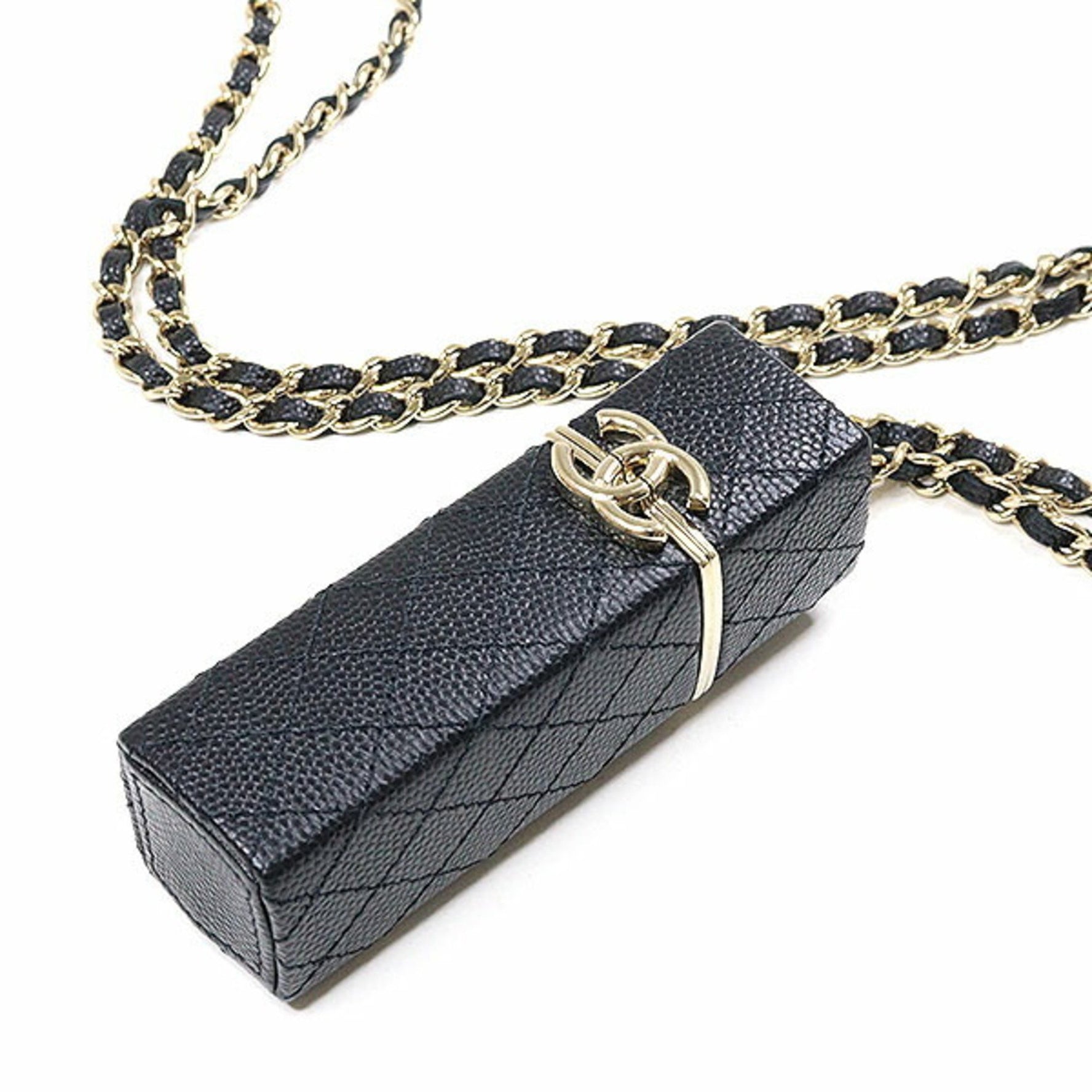 Chanel Lipstick Case with Chain Strap Calf Leather Black/Light Gold Matelasse