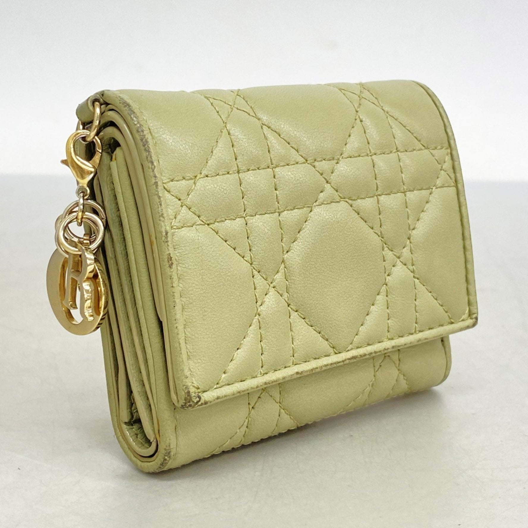 Christian Dior Tri-fold Wallet Cannage Leather Green Champagne Women's