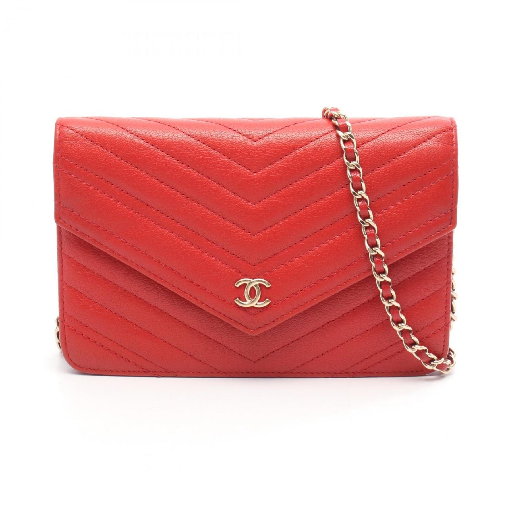 CHANEL Chevron V-Stitch Shoulder Bag, Leather, Red