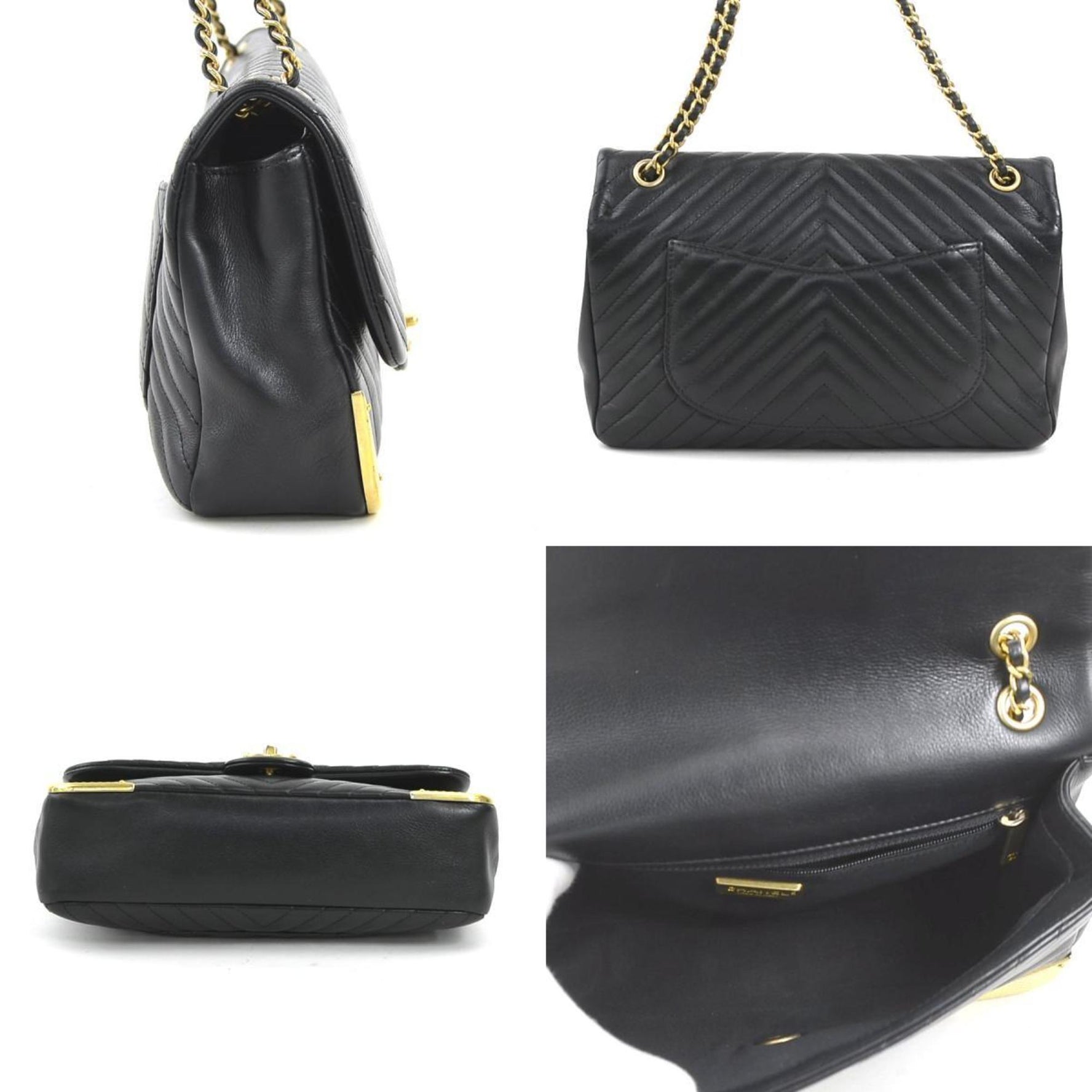 CHANEL Shoulder Bag V-Stitch Leather Metal Black Gold