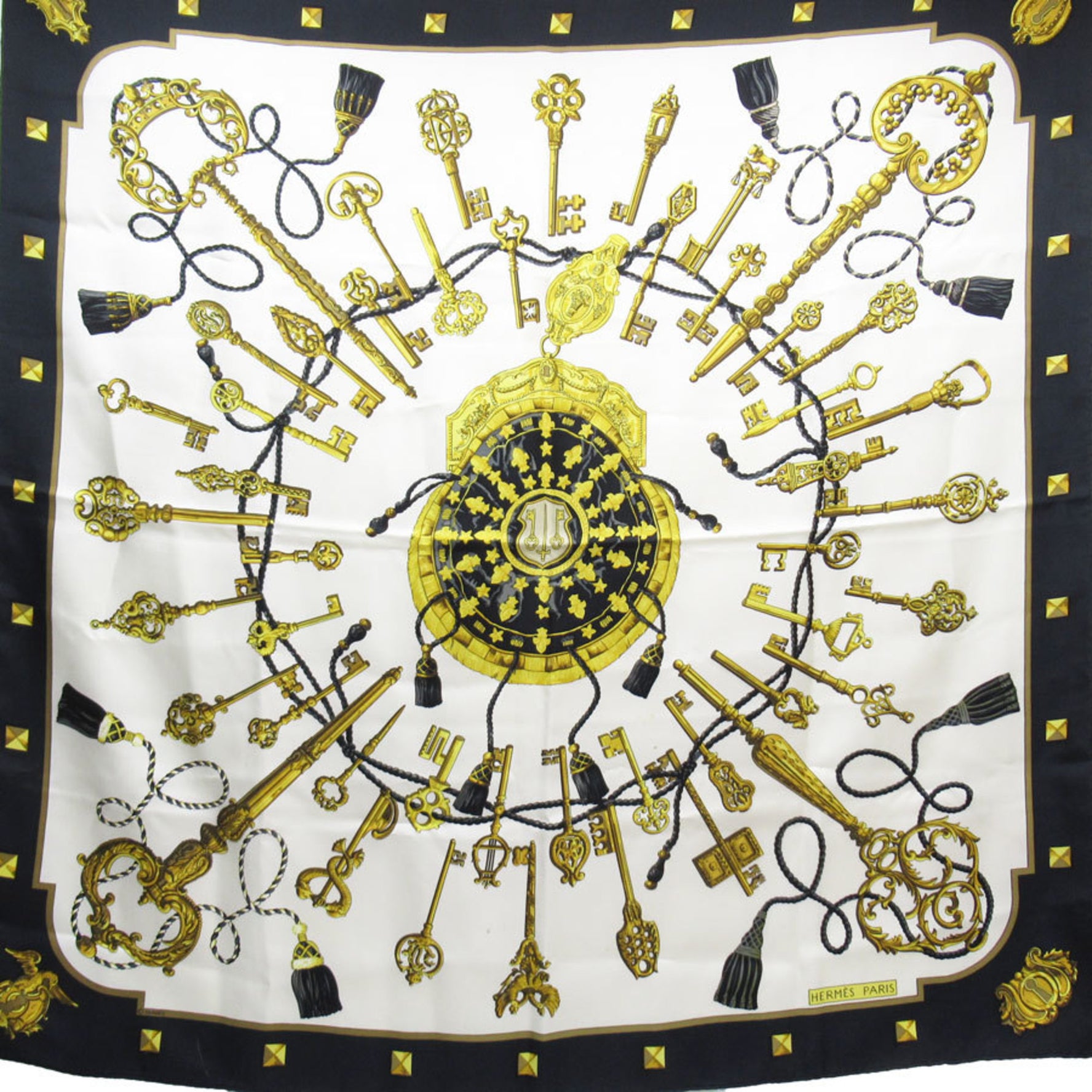 Hermes Scarf/Muffler Carre 90 LES CLES Key Silk Black x White Gold