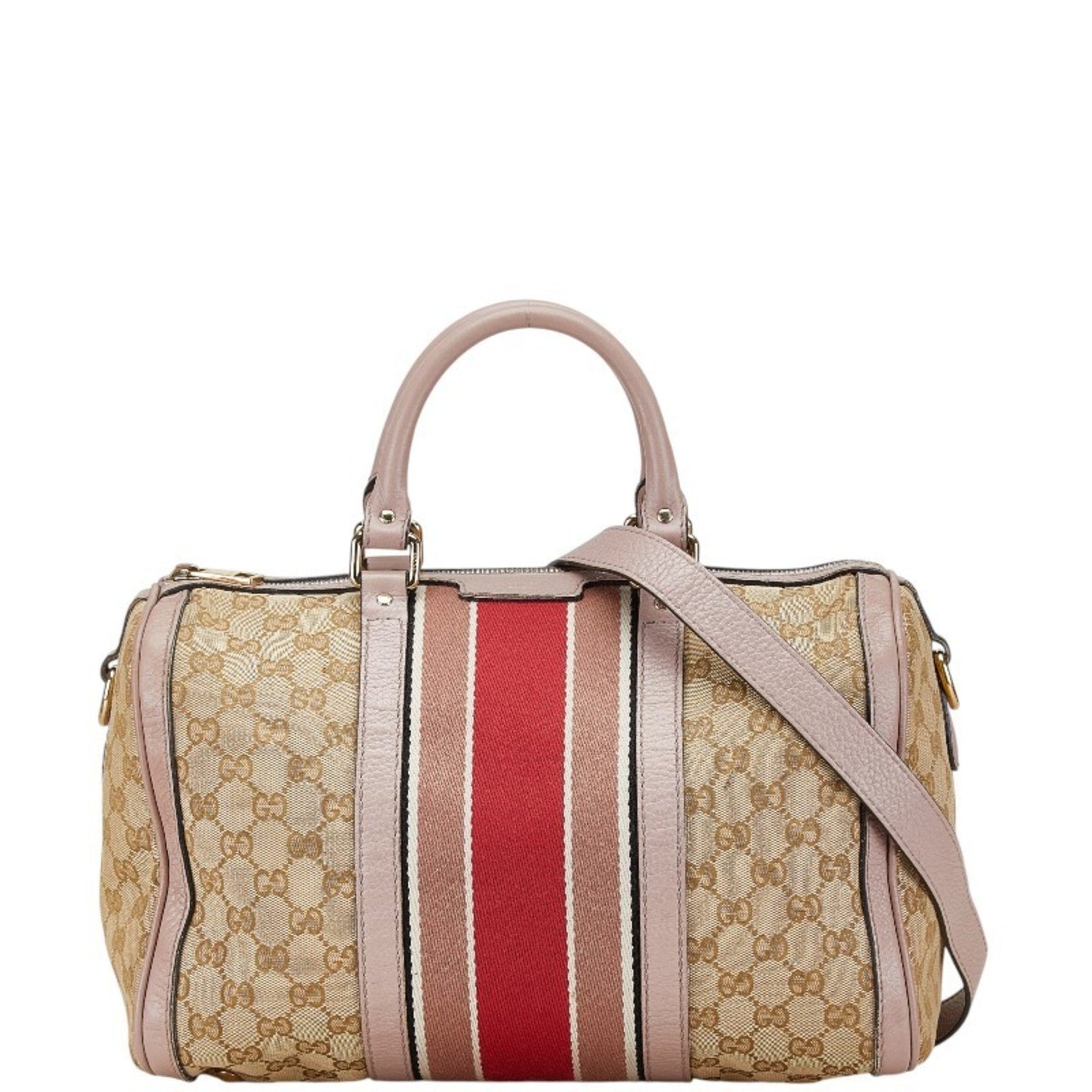 Gucci GG Canvas Sherry Line Shoulder Bag Handbag Beige Pink Leather