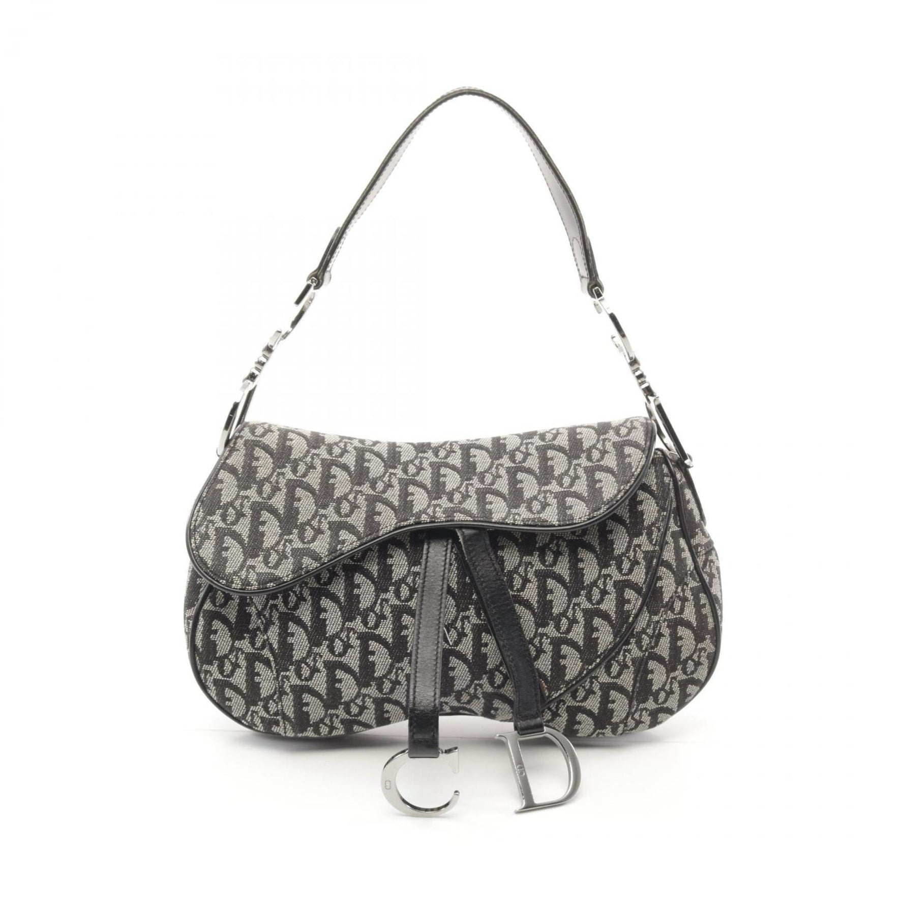Christian Dior Dior Double Saddle Bag Trotter Shoulder Canvas Leather Women's Navy Ivory RU 0032