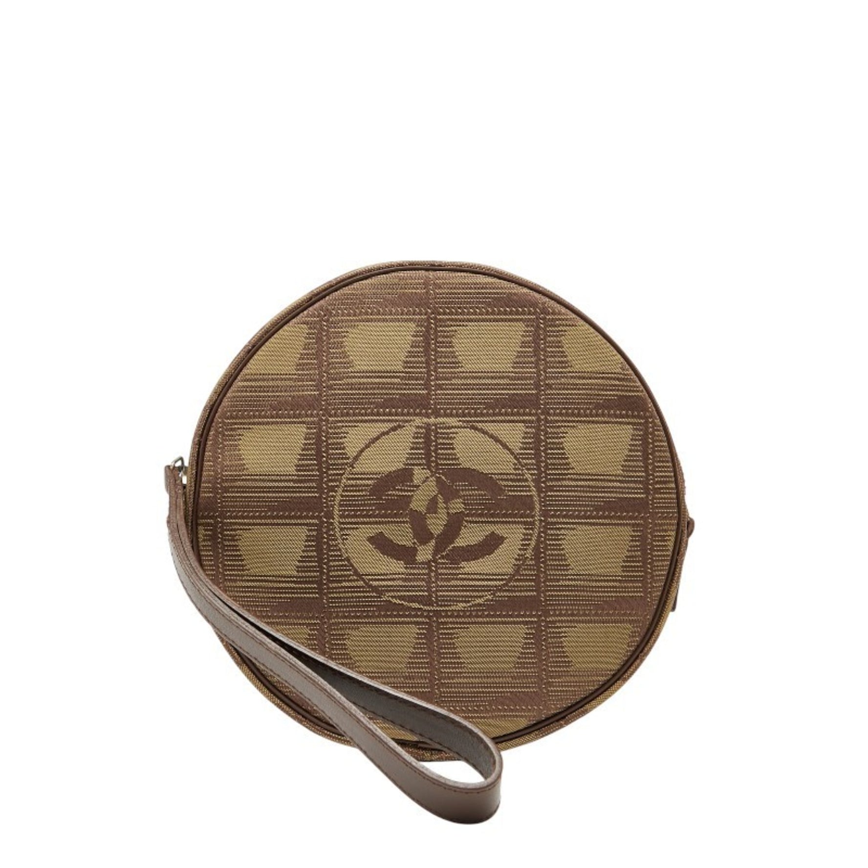 Chanel New Travel Line Round Pouch in Brown and Khaki Canvas Leather