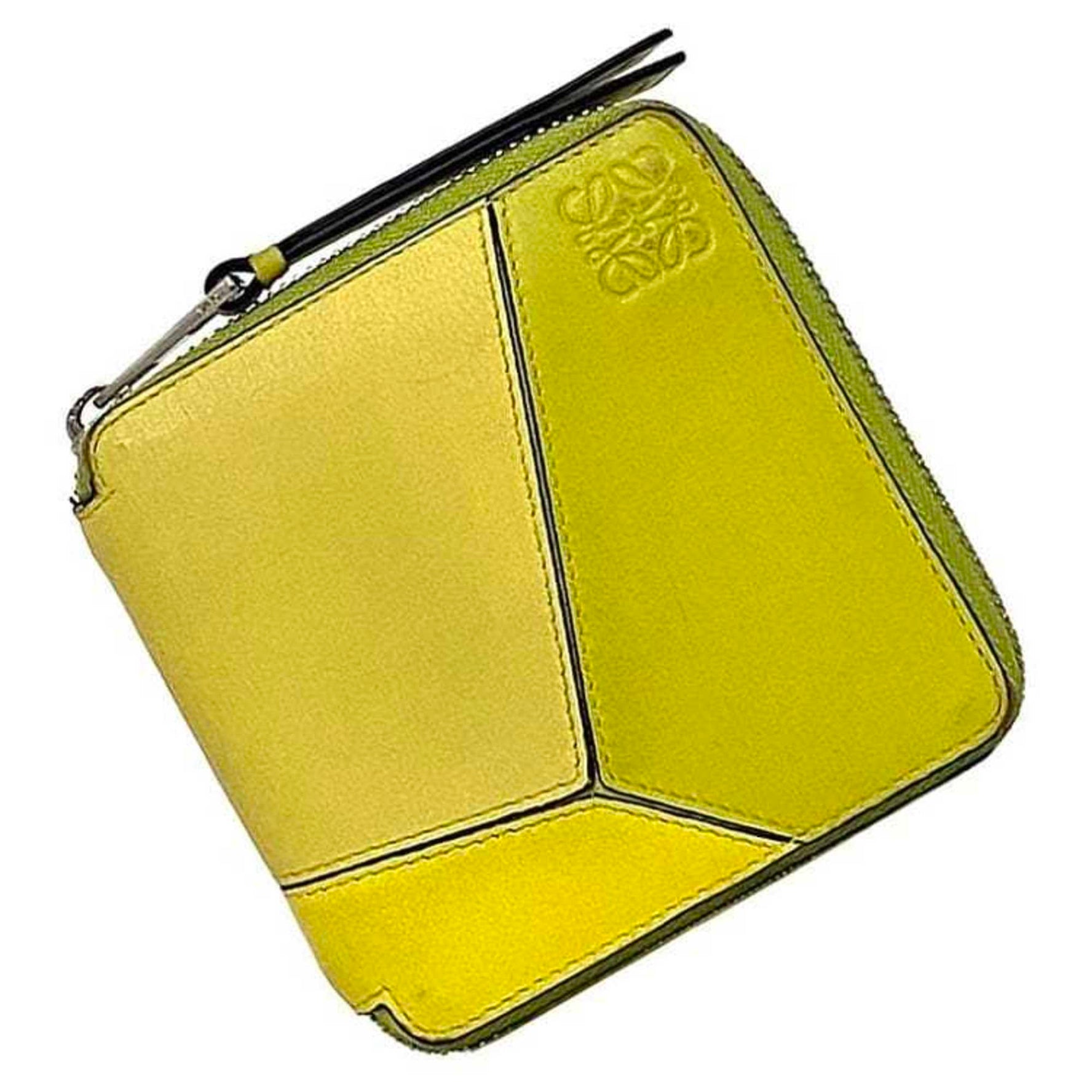 LOEWE Round Bi-fold Wallet ec-22962 Yellow Puzzle Anagram Leather Compact Folding Soft Women Men Engraved