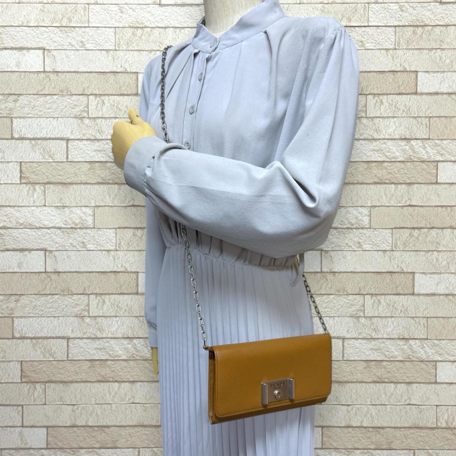 Prada Saffiano Shoulder Bag Leather Chain Wallet