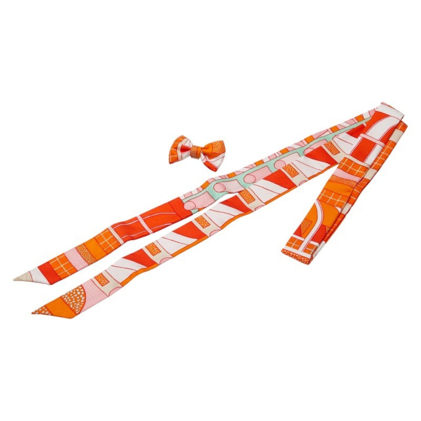 Hermes Twilly Ribbon Scarf/Muffler/Tie Orange Multicolor Silk