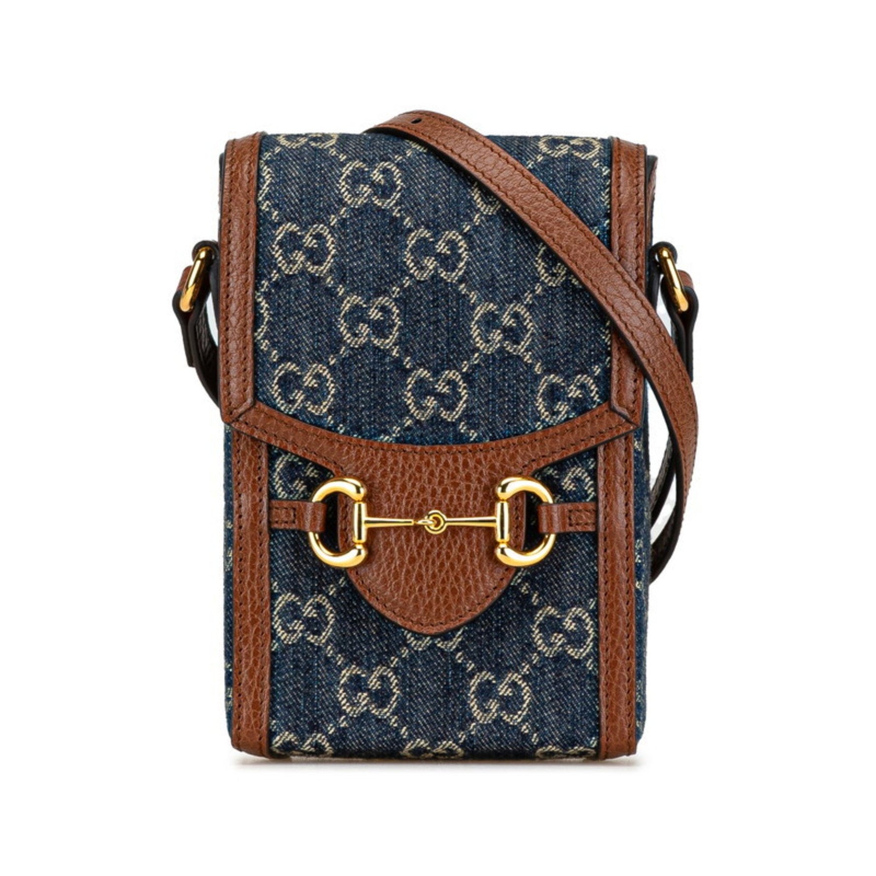 Gucci GG Denim Horsebit 1955 Shoulder Bag Indigo Blue Brown Canvas Leather Women's GUCCI