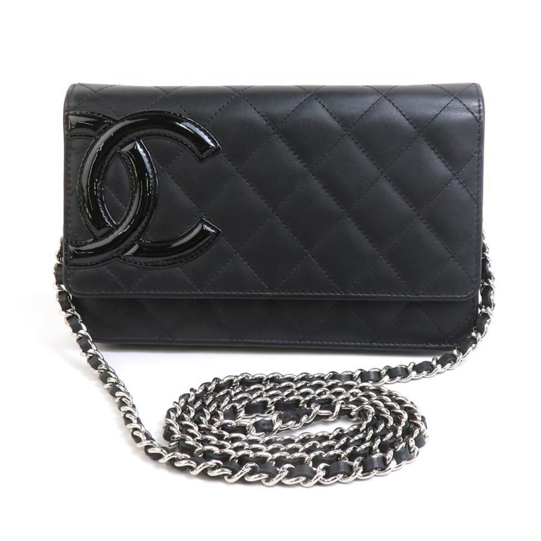 CHANEL Wallet Chain Purse Shoulder Bag Cambon Line Leather Patent Silver
