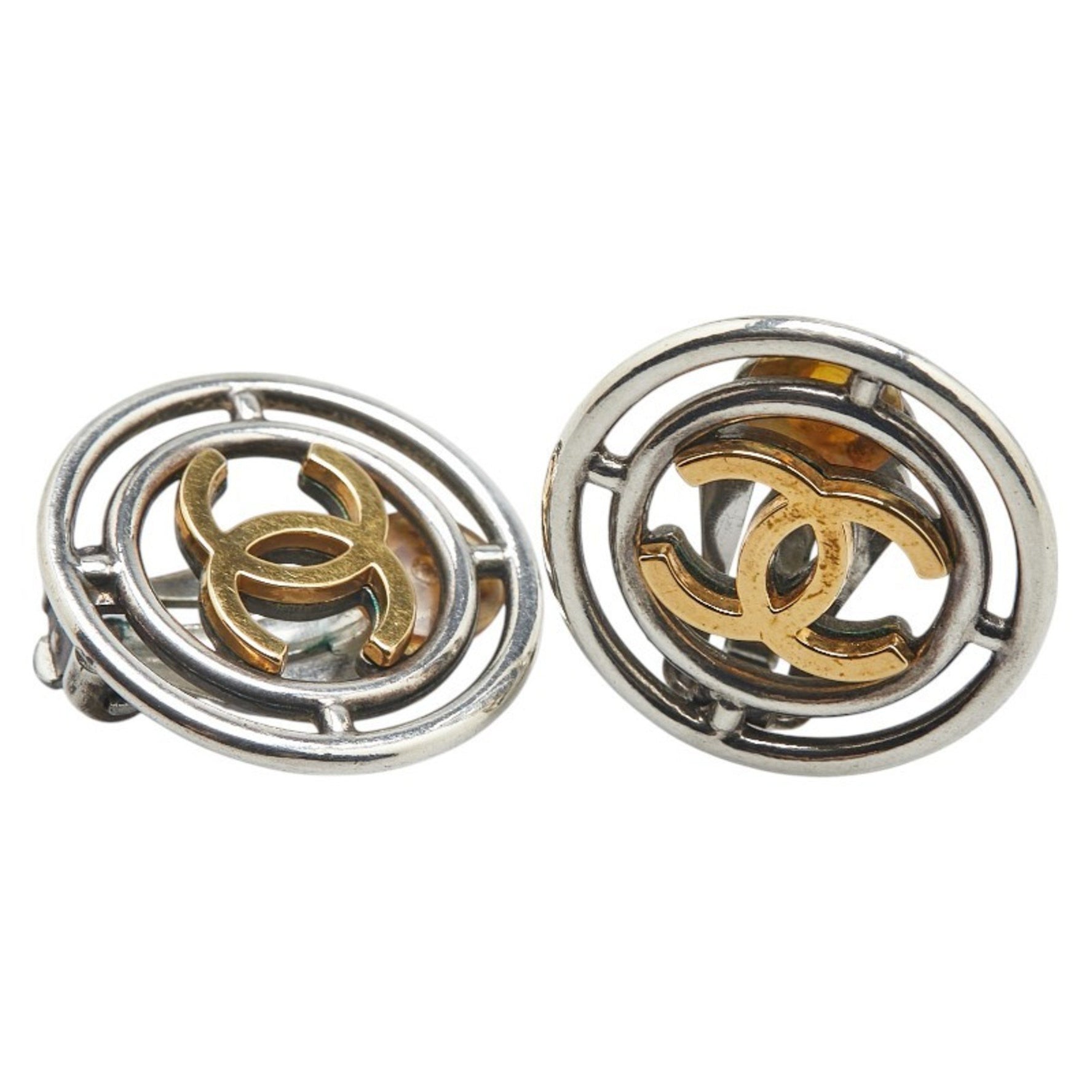 Chanel Coco Mark Round Earrings in Gold and Silver Metal Plated