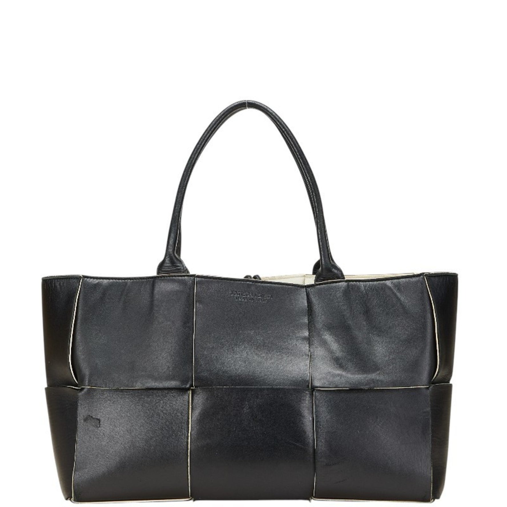 Bottega Veneta Maxi Intrecciato Arco Tote Medium Bag in Black and Off-White Calfskin Leather