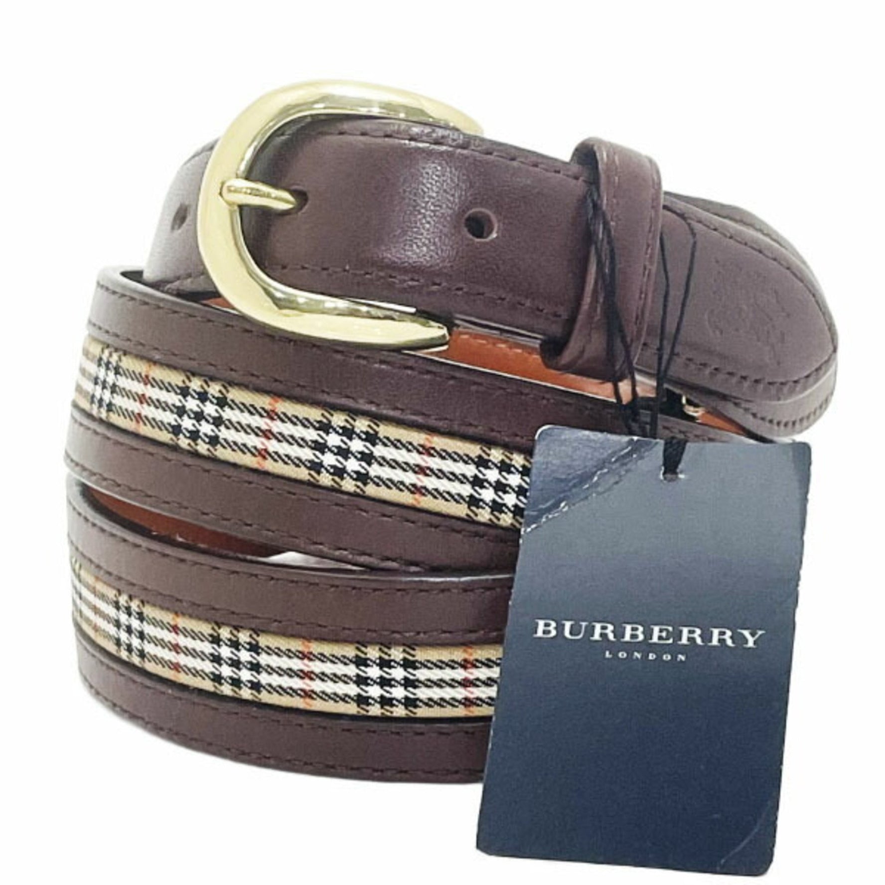 Burberry London Check Pattern Belt Men's Leather Canvas Dark Brown Beige Size approx. 95cm BURBERRY LONDON AA-15182