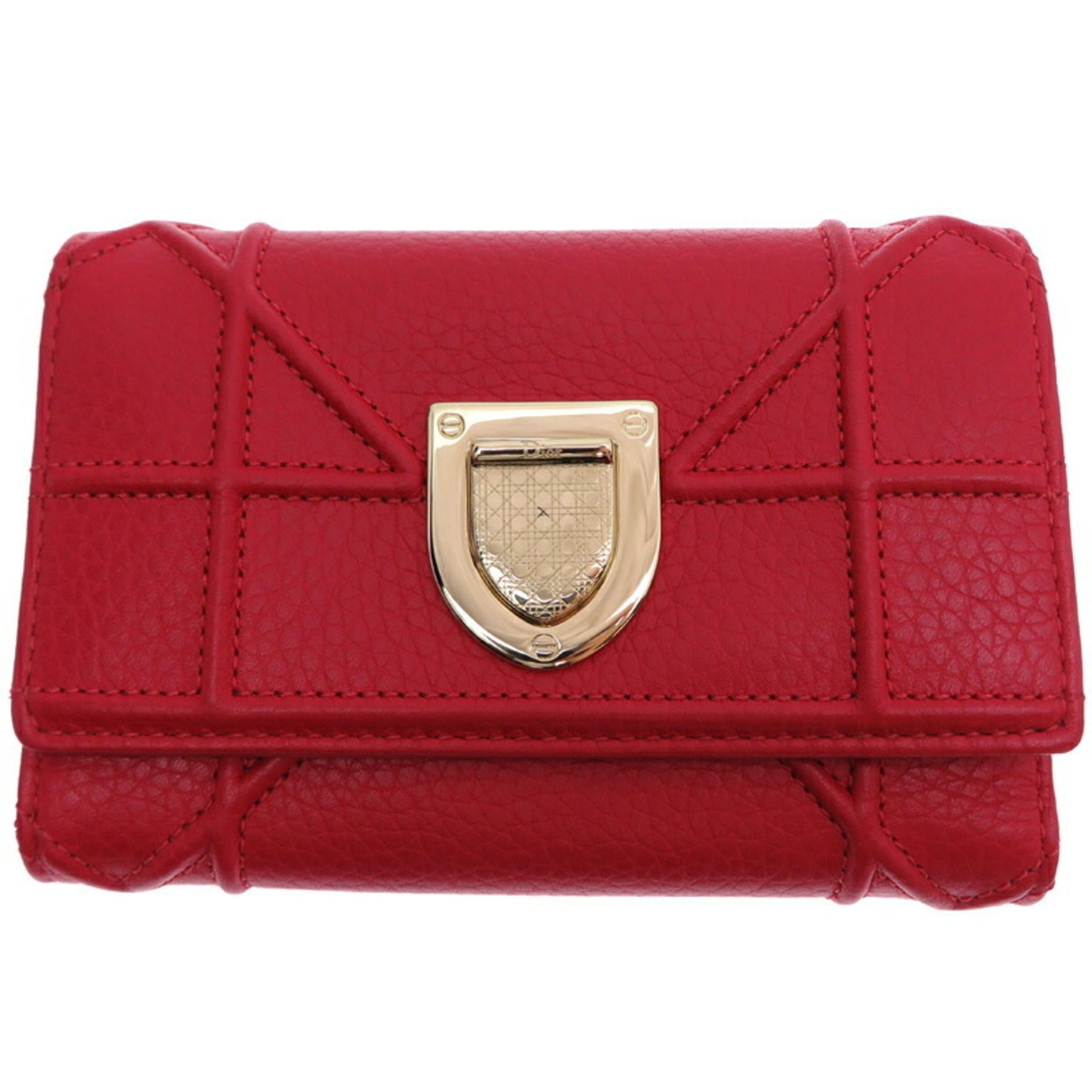 Christian Dior Diorama Compact Wallet Tri-fold Leather Red