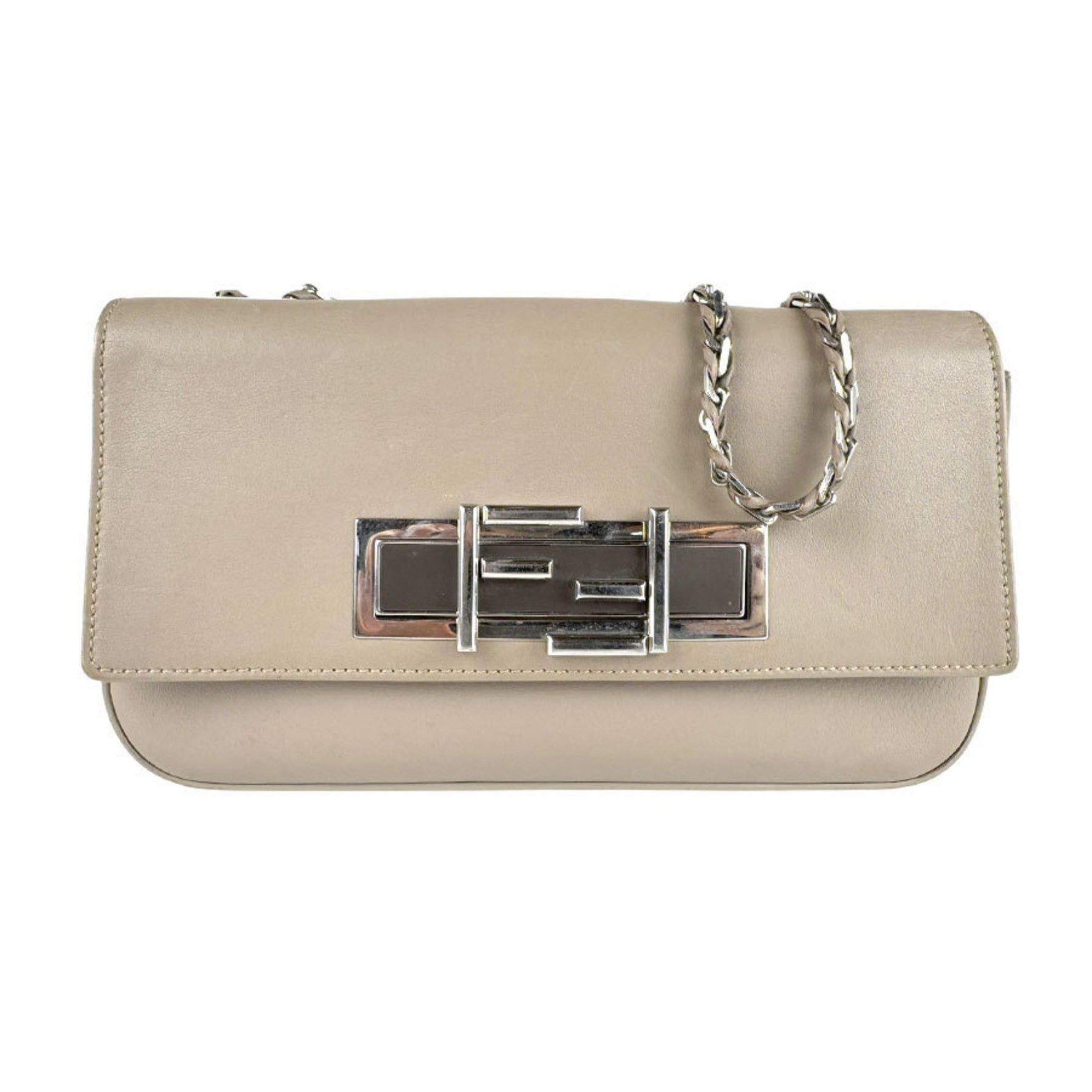 Fendi Tre Baguette Shoulder Bag in Leather, Metal, Greige, and Silver