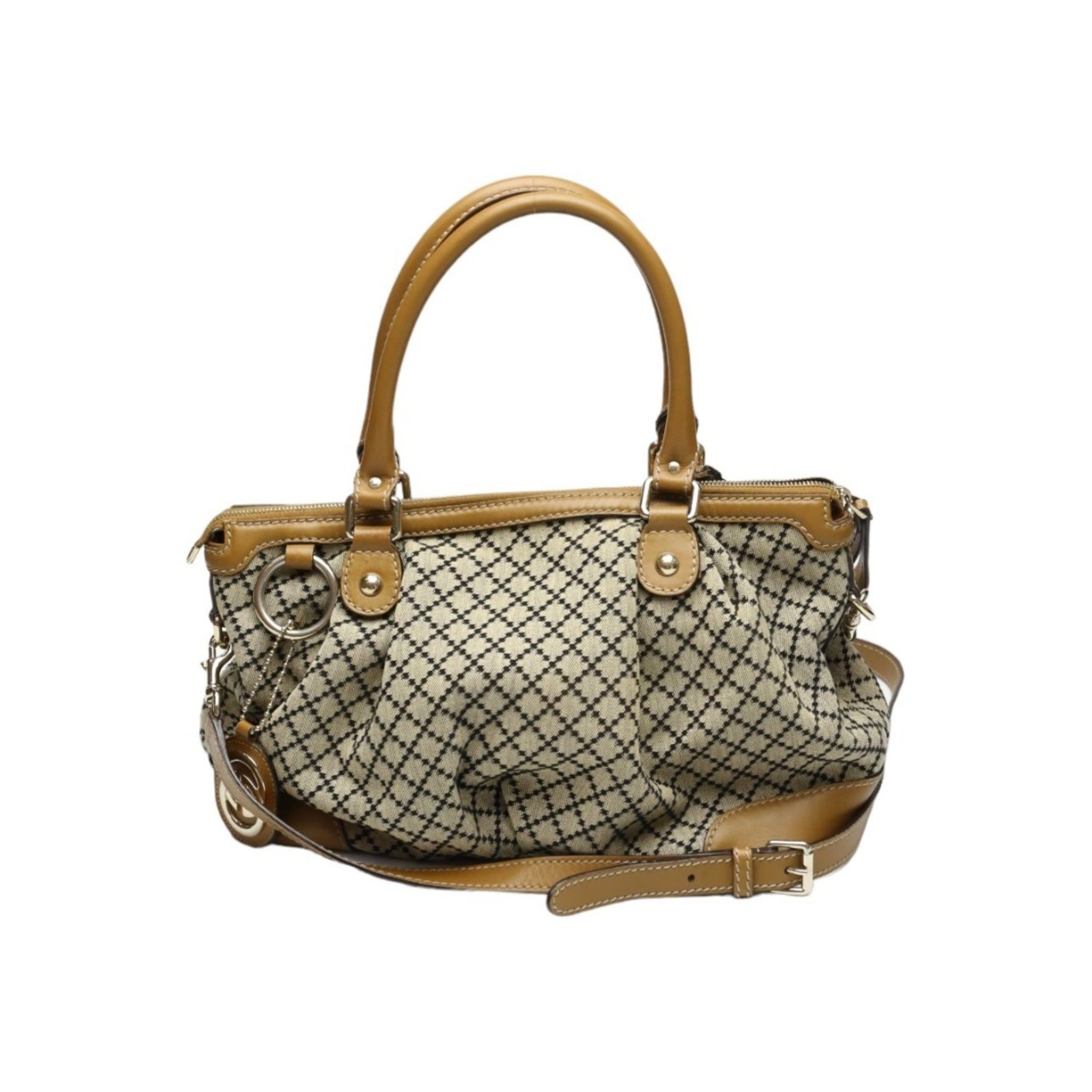 GUCCI Tote Bag Shoulder Diamante Canvas Beige x Brown
