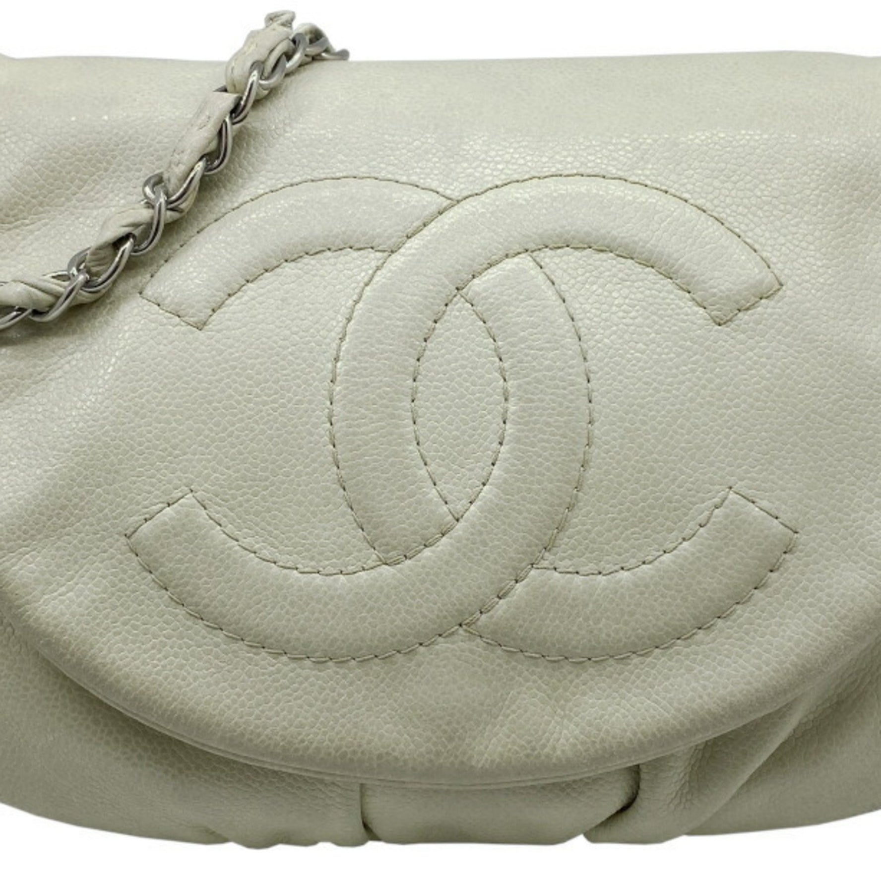 CHANEL Coco Mark Half Moon Chain Shoulder Bag Caviar Skin Off-White