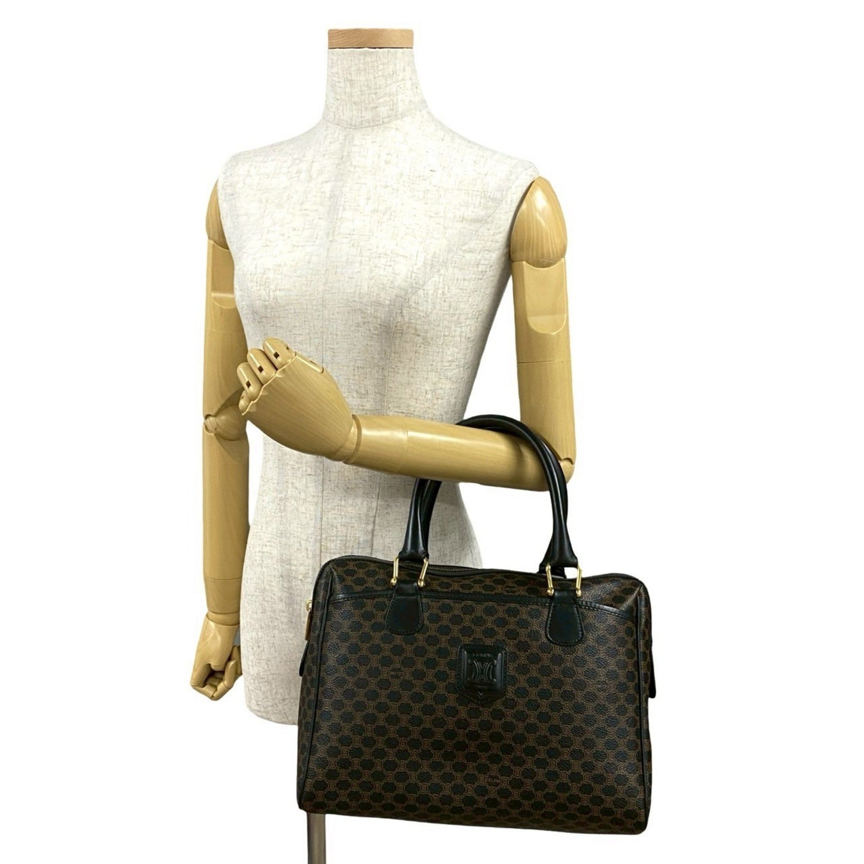 CELINE Macadam Blason Triomphe Logo Leather Boston Bag Handbag Black Brown