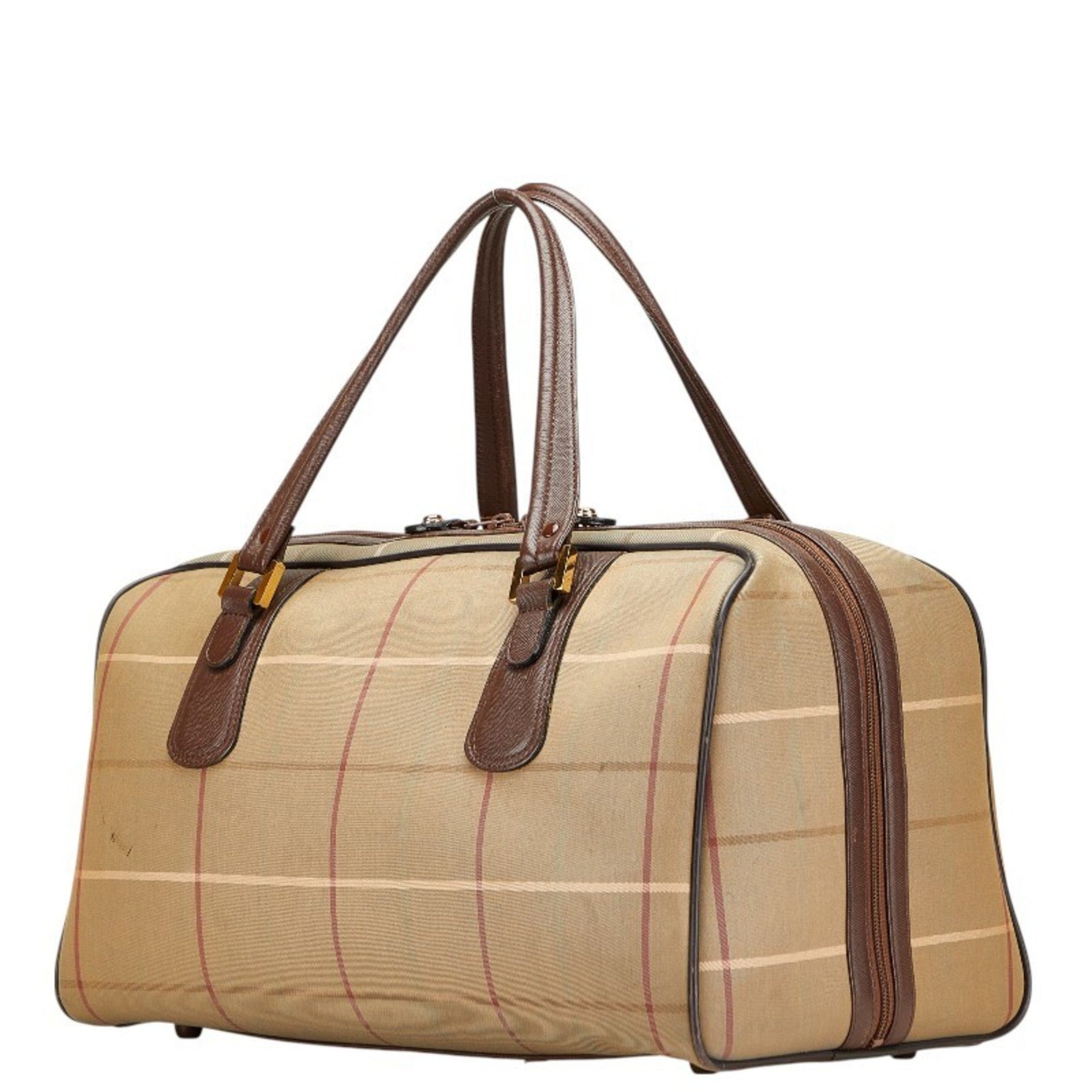 Burberry Check Boston Bag Travel Khaki Green Brown Canvas Leather Women's BURBERRY