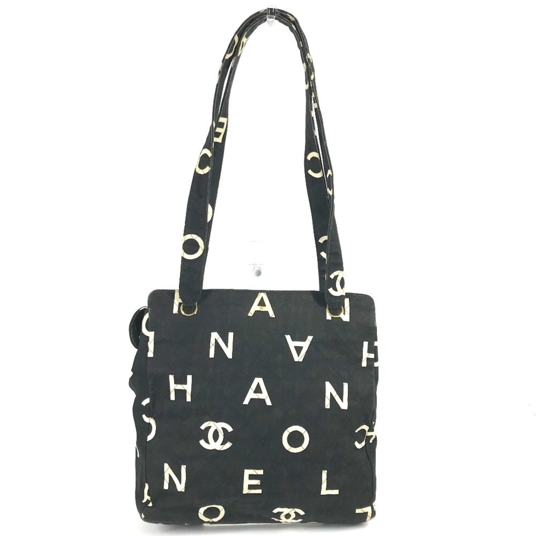 CHANEL logo all-over print tote bag, two-tone shoulder leather and canvas, black