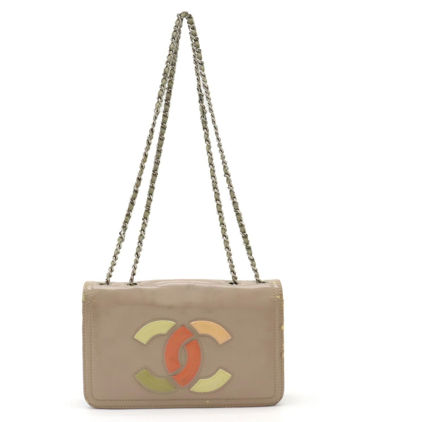 CHANEL Lipstick Coco Mark Tote Bag Chain Shoulder Enamel Mocha Beige