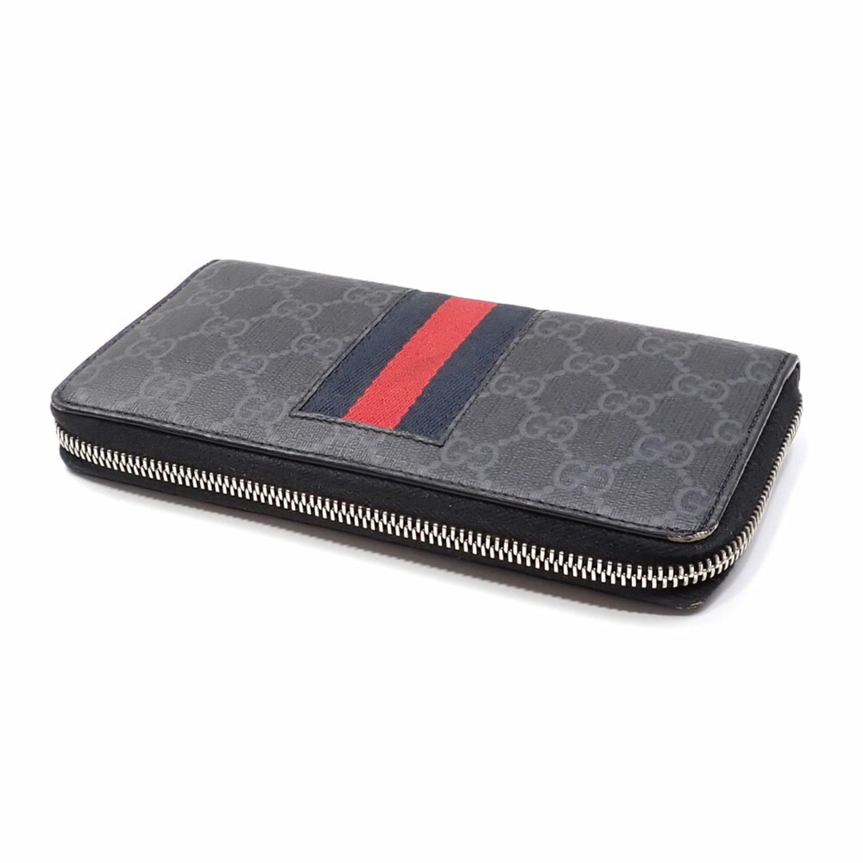 Gucci GG Supreme Round Long Wallet Black and Gray PVC Leather