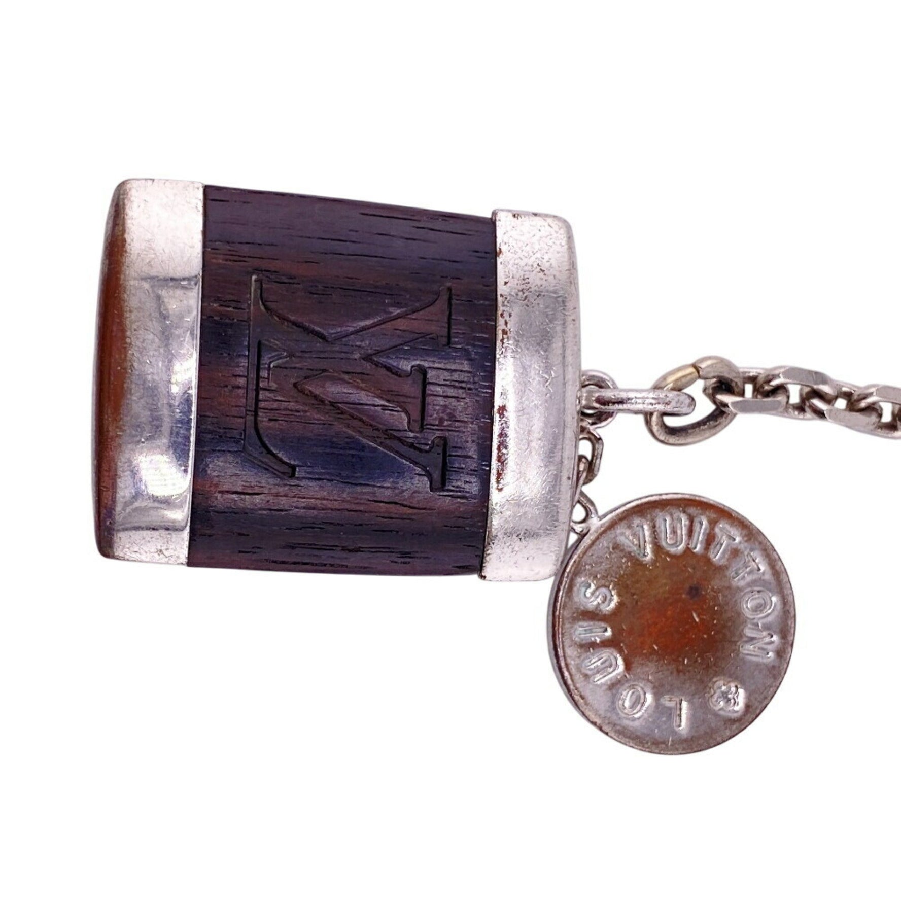Louis Vuitton Porte Clevoix Bag Charm Wood Key Ring Case Silver Unisex