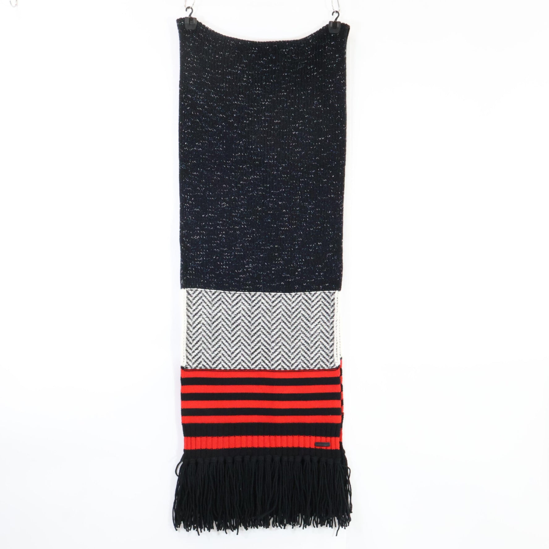 BURBERRY Border Fringe Long Scarf in Red, Black, and White