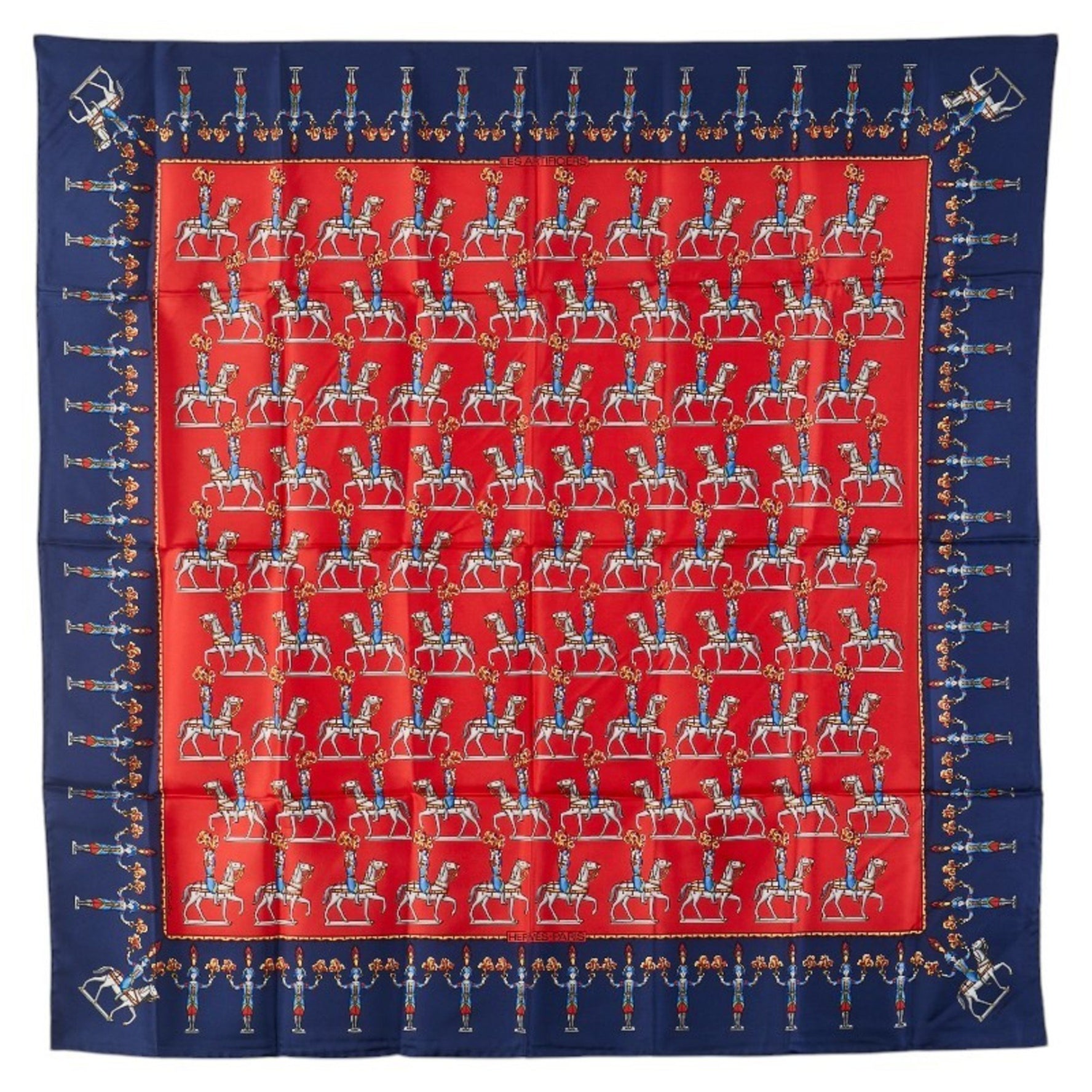 Hermes Carre 90 ARTIFICIERS Fireworks Scarf Muffler Red Navy Multicolor Silk Women's HERMES