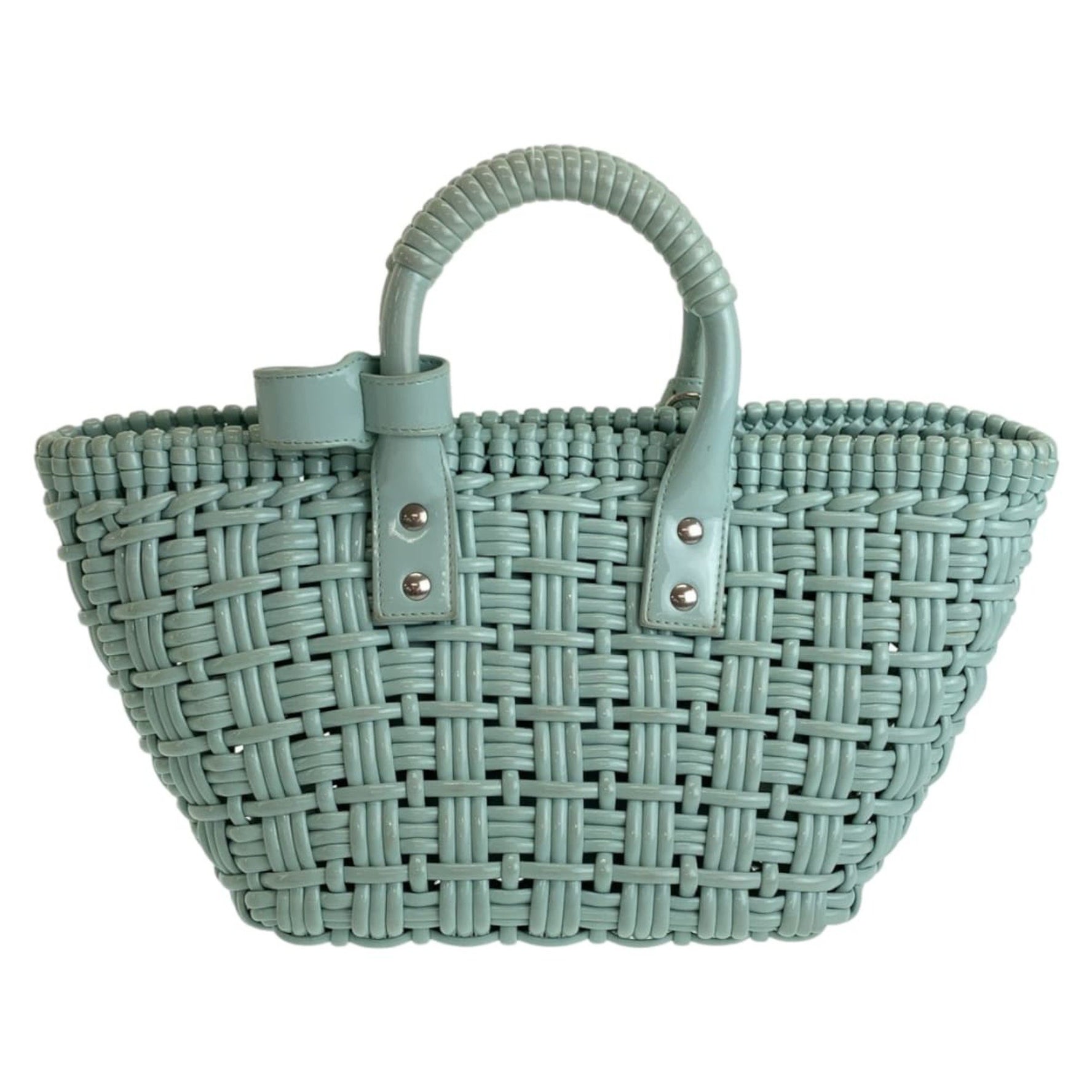 BALENCIAGA Enamel Basket Bistro XS, mint green with silver hardware, enamel, This 2-way handbag/tote bag is perfect for women.