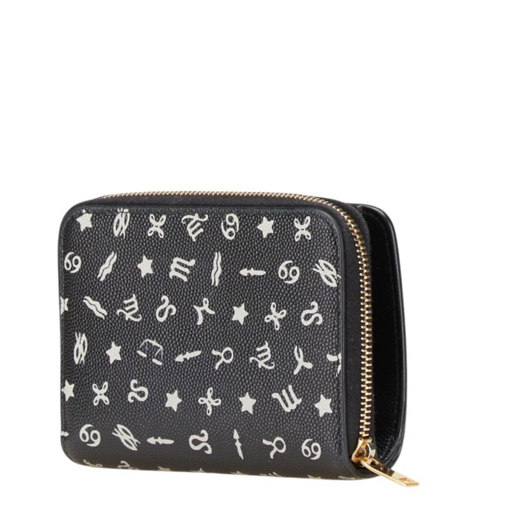 Saint Laurent Zodiac Print Round Bi-fold Wallet Black White Leather Women's SAINT LAURENT