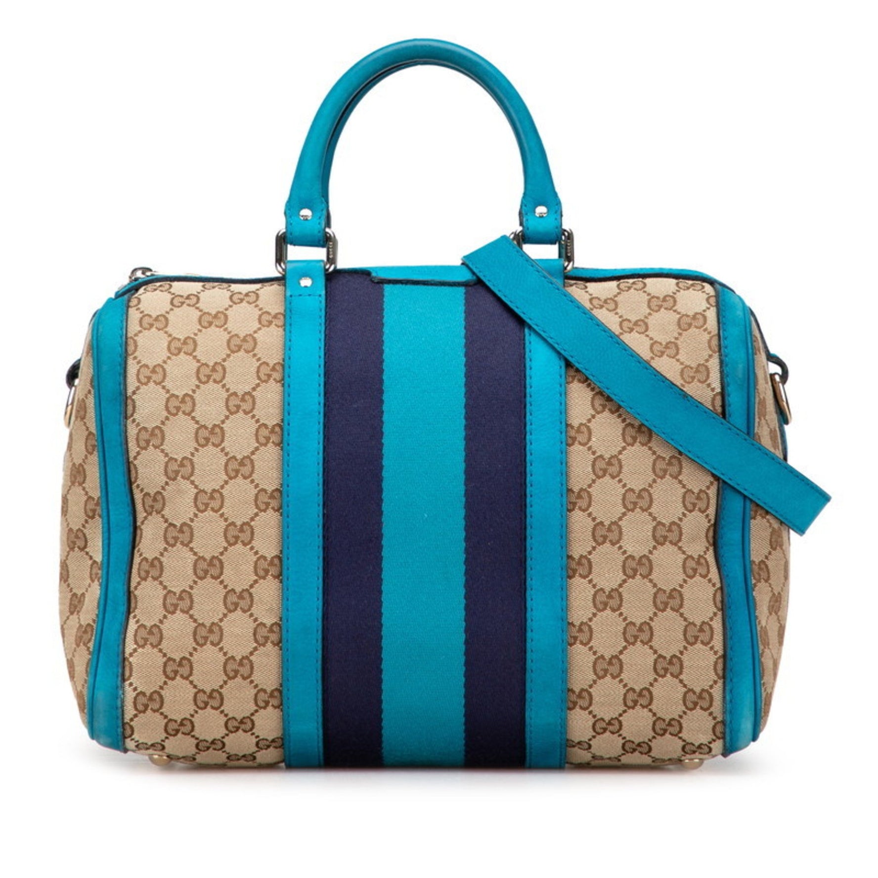 Gucci GG Canvas Mini Boston Bag/Shoulder Bag, Beige, Blue, Canvas, Leather
