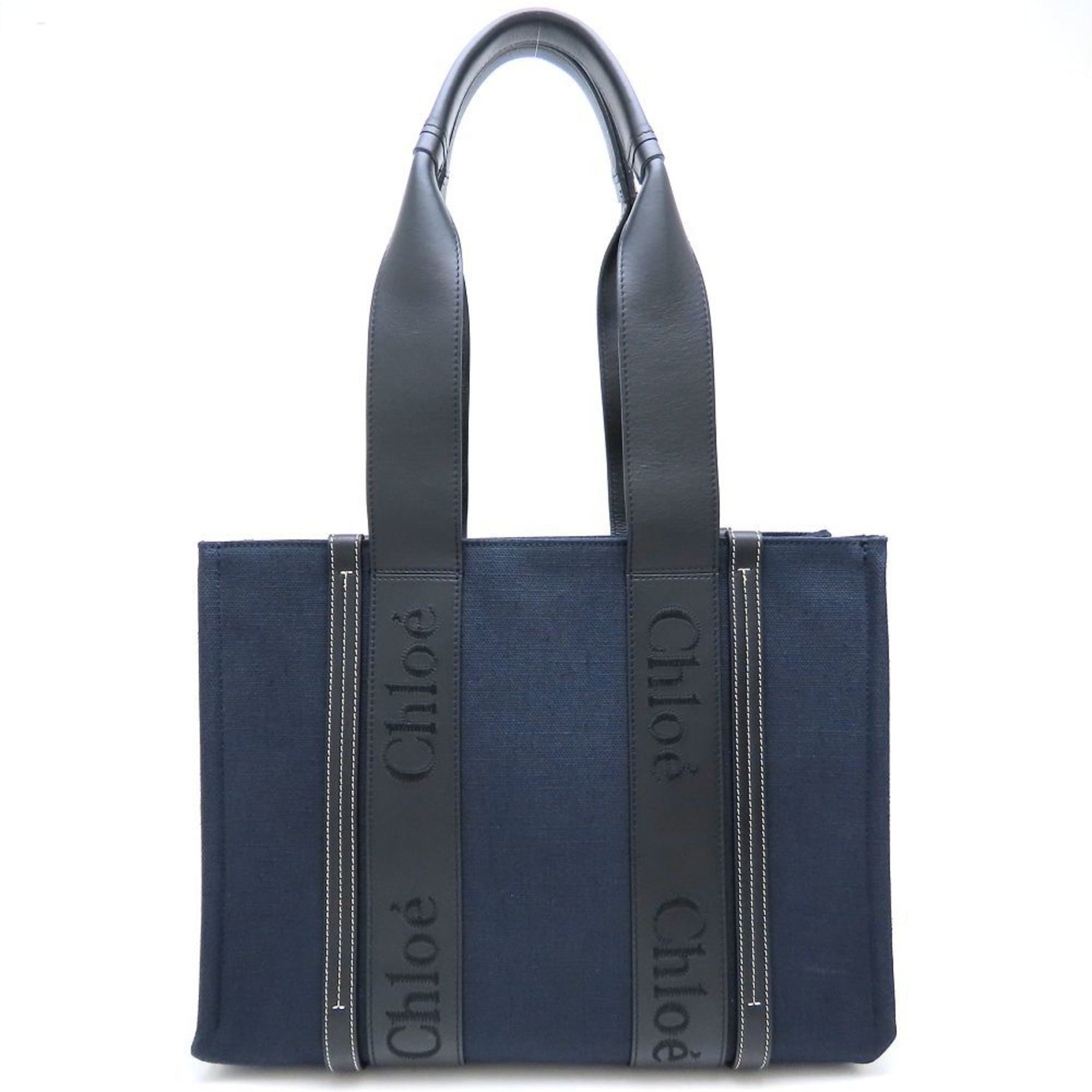 Chloé Chloe Woody Medium Tote Bag Handbag Linen x Calf DEEP DENIM