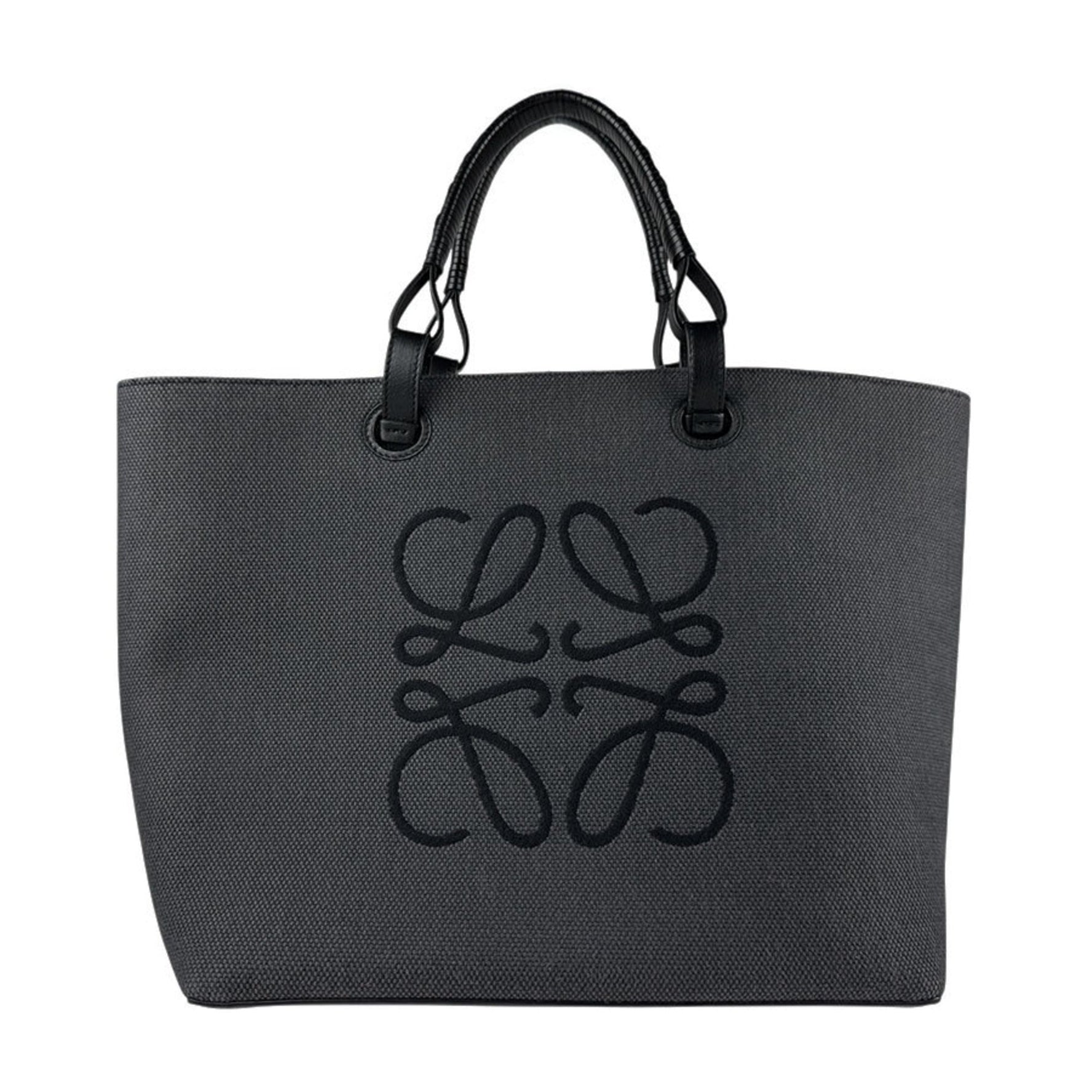 LOEWE handbag shoulder bag tote anagram canvas leather dark gray black