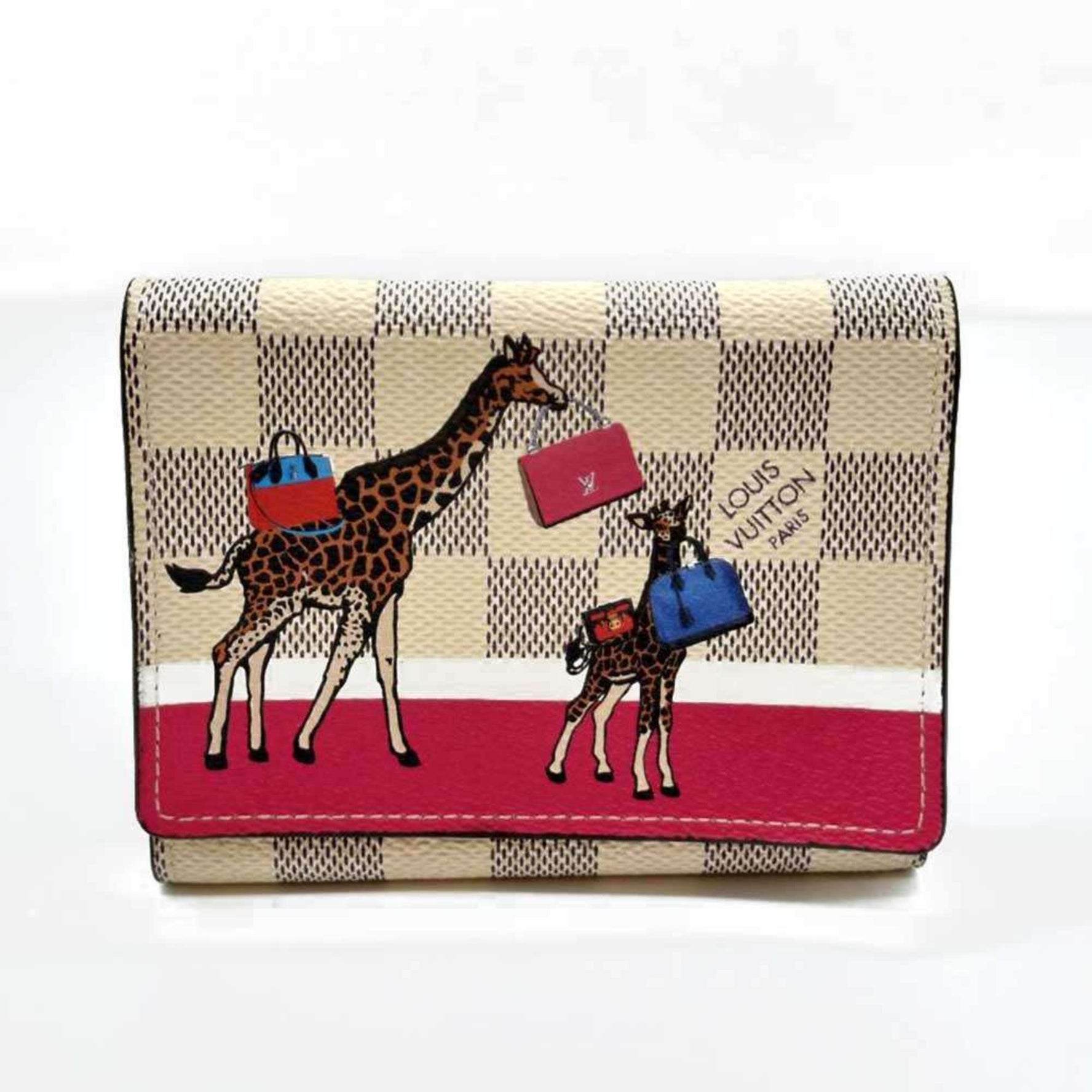 Louis Vuitton Portefeuille Victorine Multicolore Damier Azur Trifold Wallet with Giraffe Animal Print