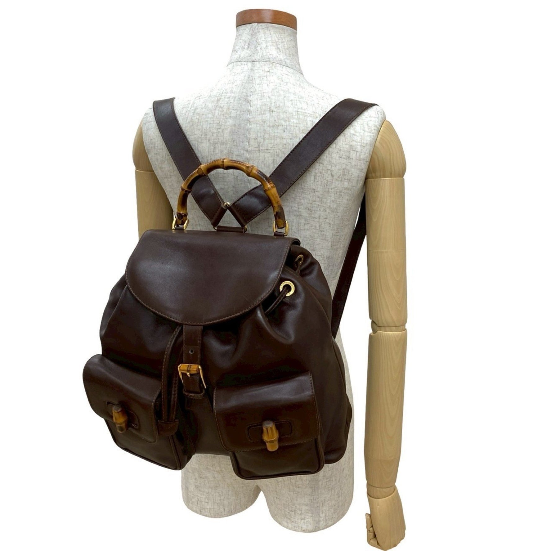 GUCCI Old Gucci Bamboo Leather Drawstring Turnlock Backpack Daypack Brown f1652