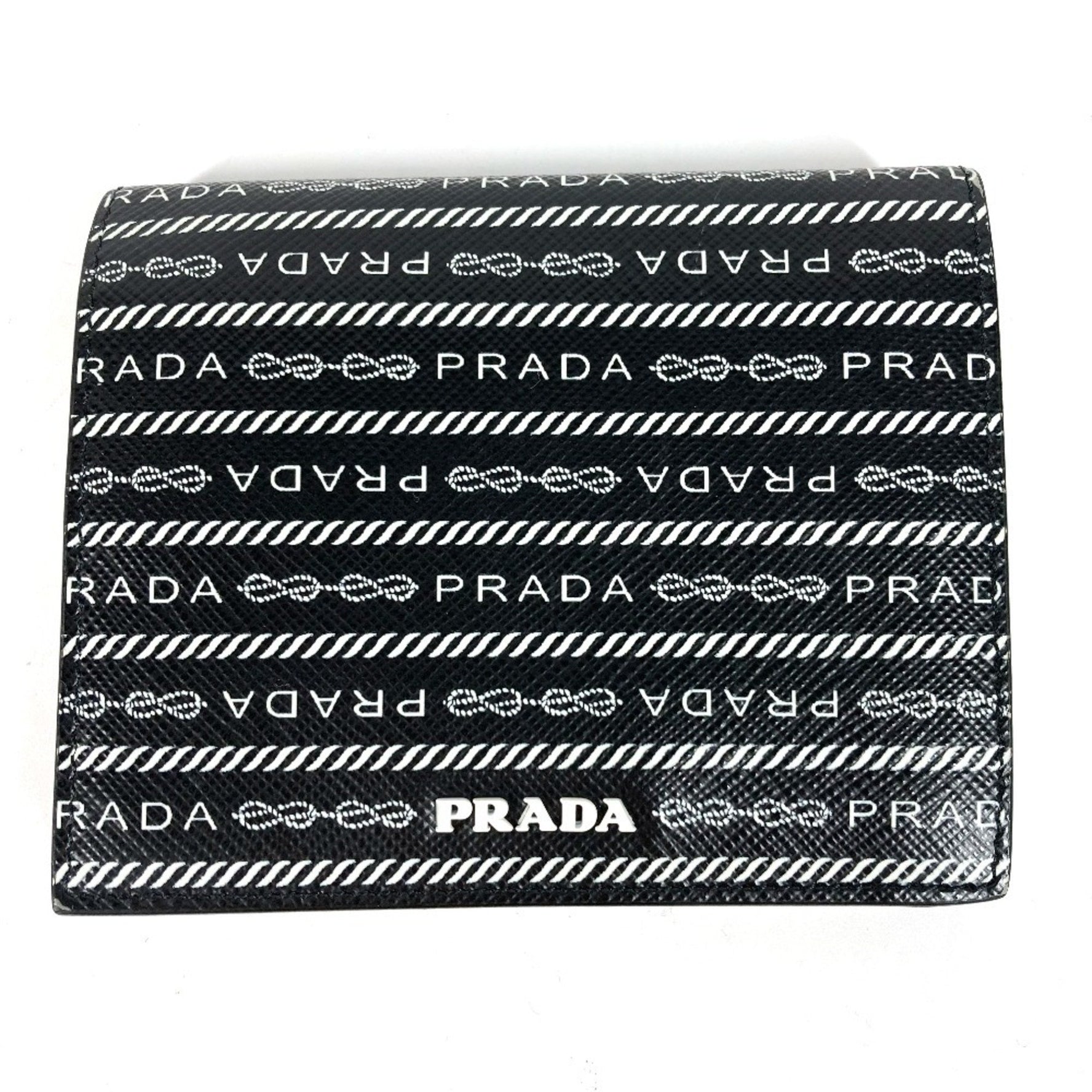 PRADA All-Over Logo Compact Wallet, Bi-Fold Leather, Black