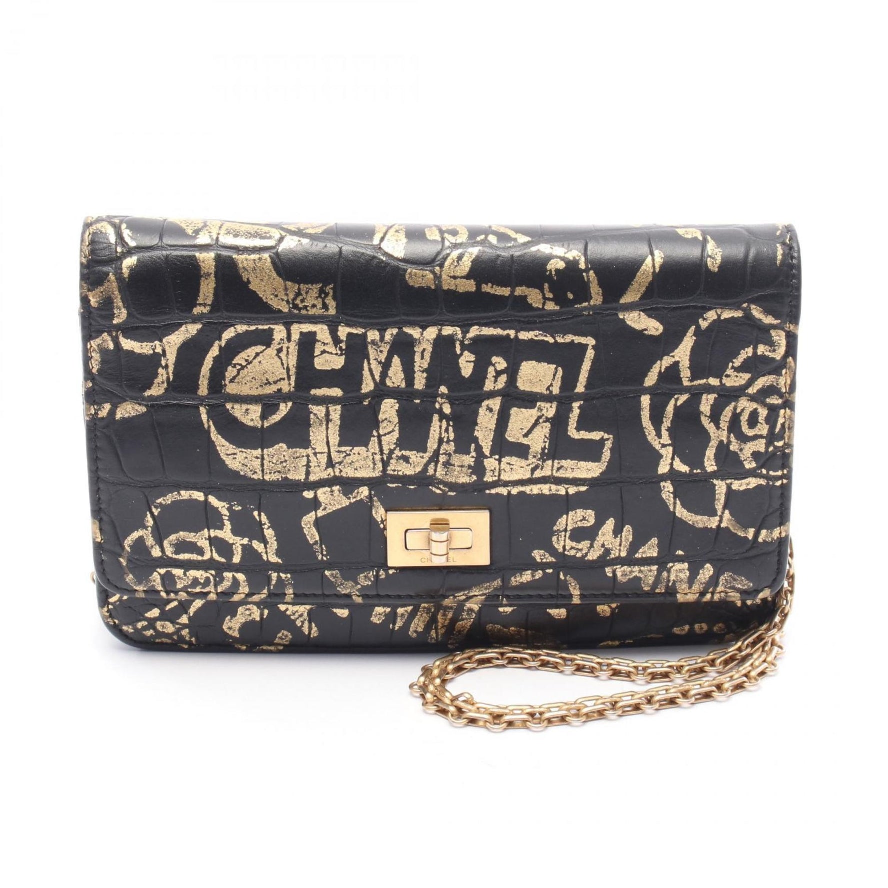 CHANEL 2.55 Shoulder Bag, Leather, Black and Gold