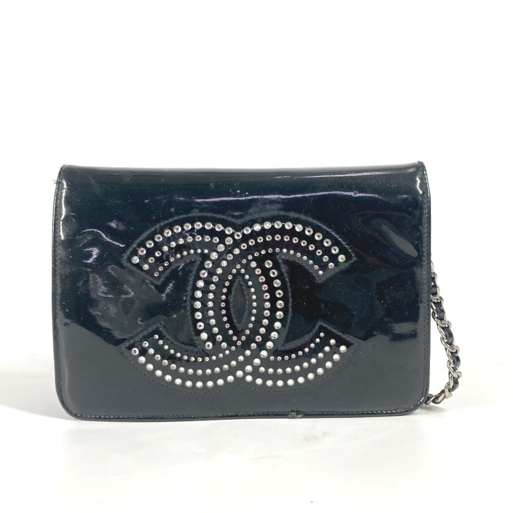 CHANEL Chanel Long Wallet CC Logo Coco Mark Rhinestone Chain Crossbody Bag Pochette Shoulder Patent Leather Women's Black