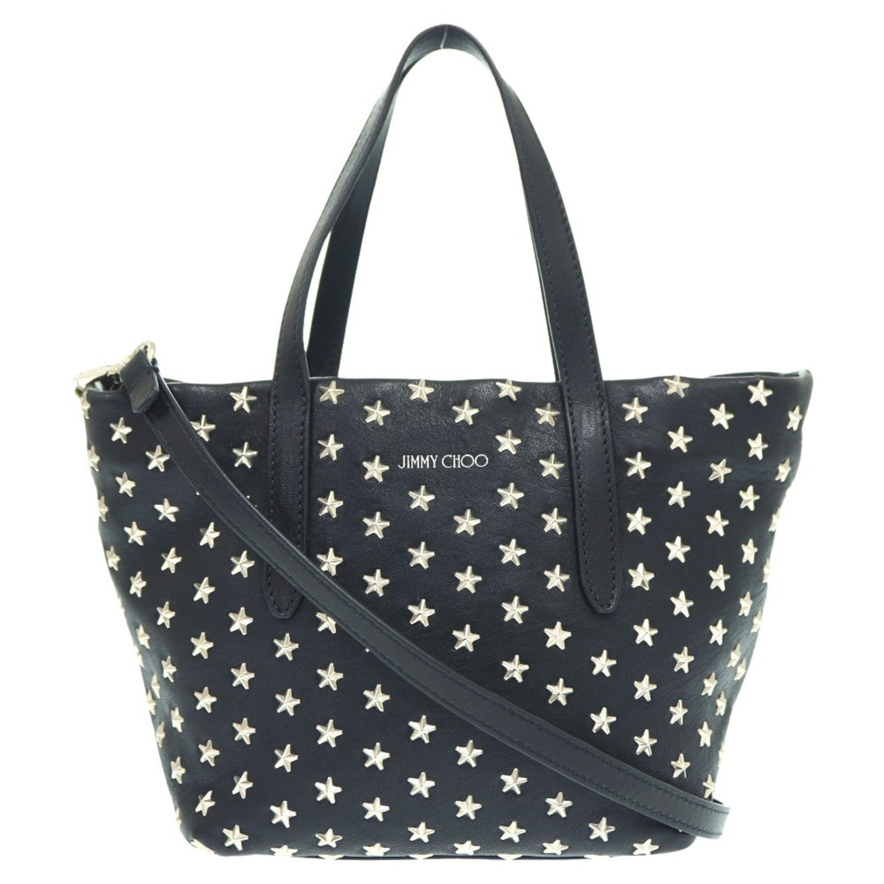Jimmy Choo Pimlico Shoulder Tote Bag Leather Black/Silver 0131 With Strap