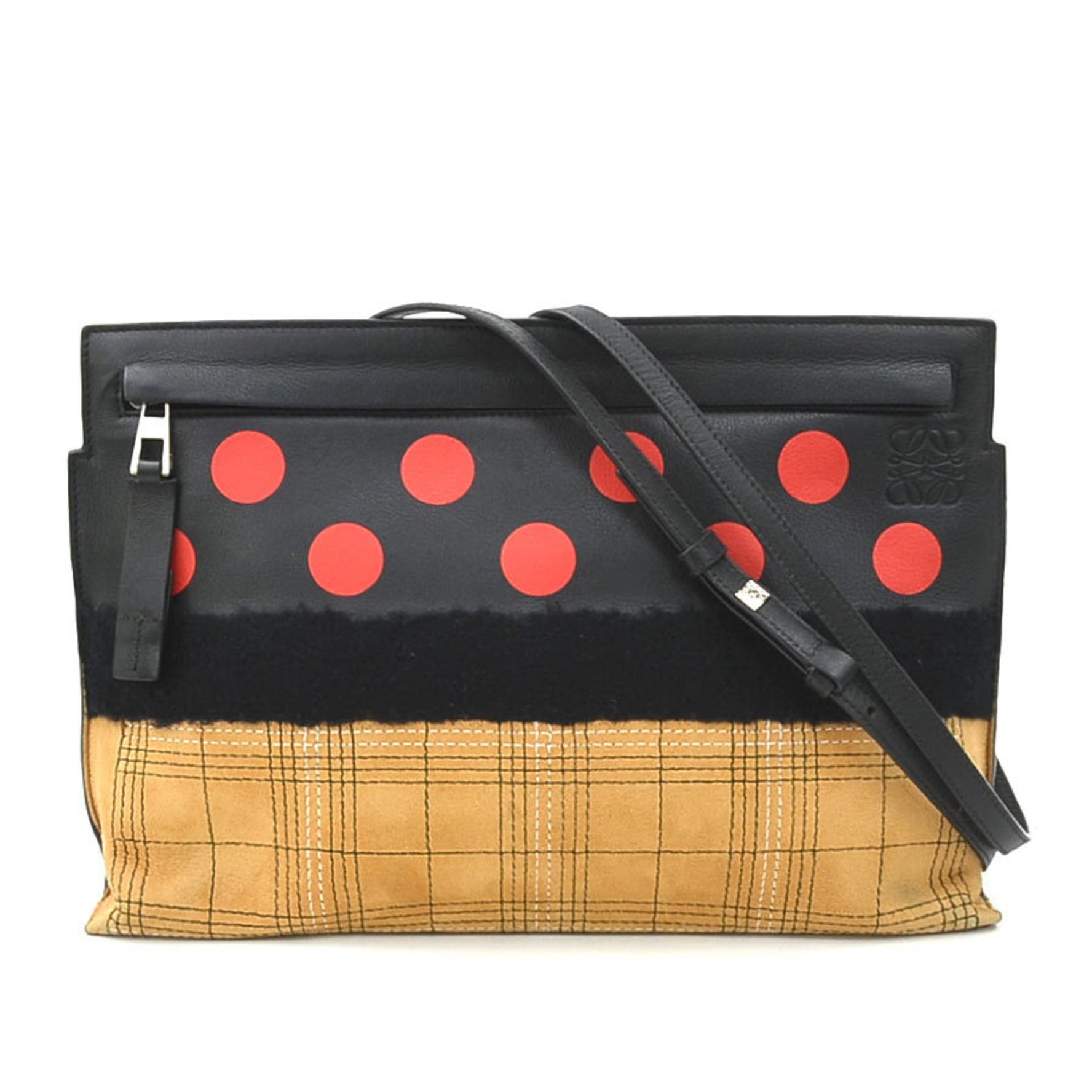 LOEWE Shoulder Bag, Leather, Suede, Cotton, Black, Red, and Brown