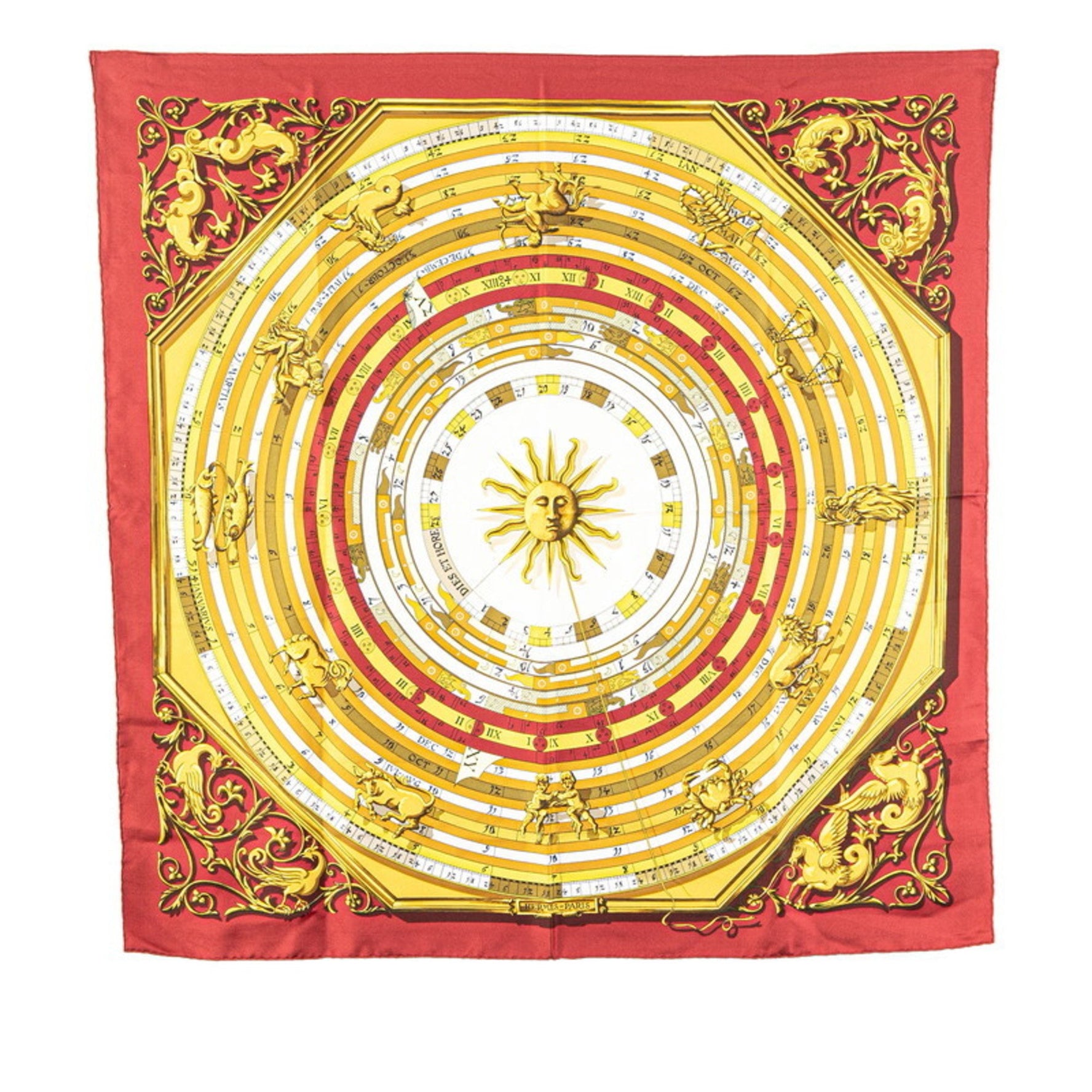 Hermes Carre 90 DIES ET HORE Astrology Scarf Muffler Wine Red White Multicolor Silk Women's HERMES