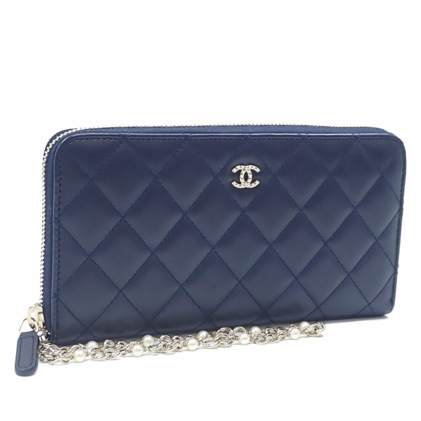 Chanel Matelasse Round Long Wallet, Blue, Lambskin, Genuine Leather, Coco Mark