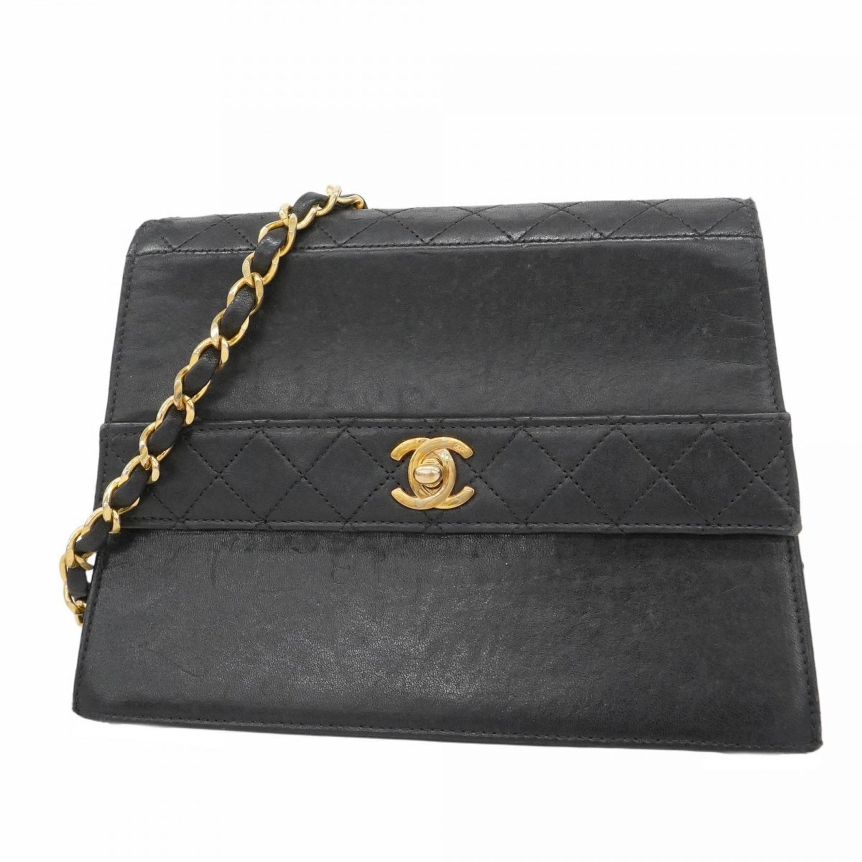 Chanel Matelasse Shoulder Bag with Chain Bag, Lambskin, Black, Women's