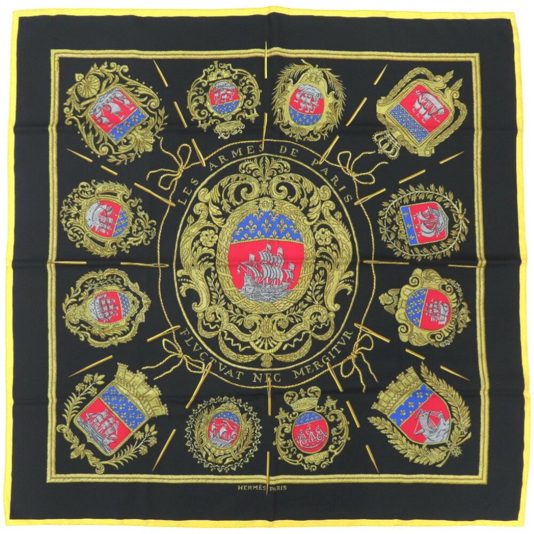 Hermes Carre 90 LES ARMES DE PARIS, coat of arms Paris, silk, multi-colored scarf, muffler, 0397HERMES